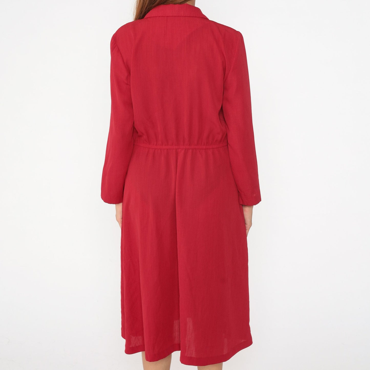 90s Leslie Fay Red Button-Up Midi Dress Elastic Waist Petite Medium