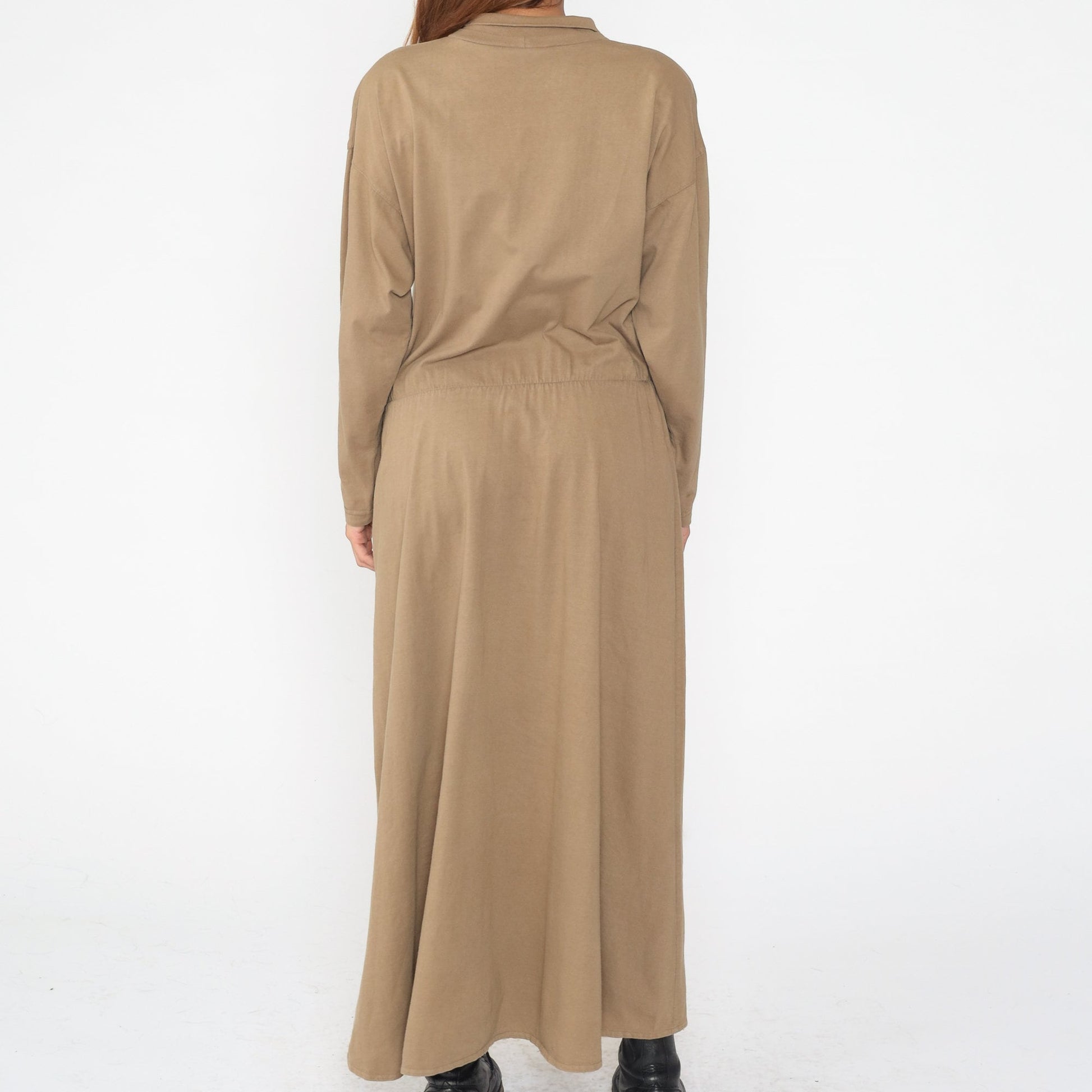 90s Brass Plum Khaki Cotton Maxi Dress Collared Long Sleeve Medium