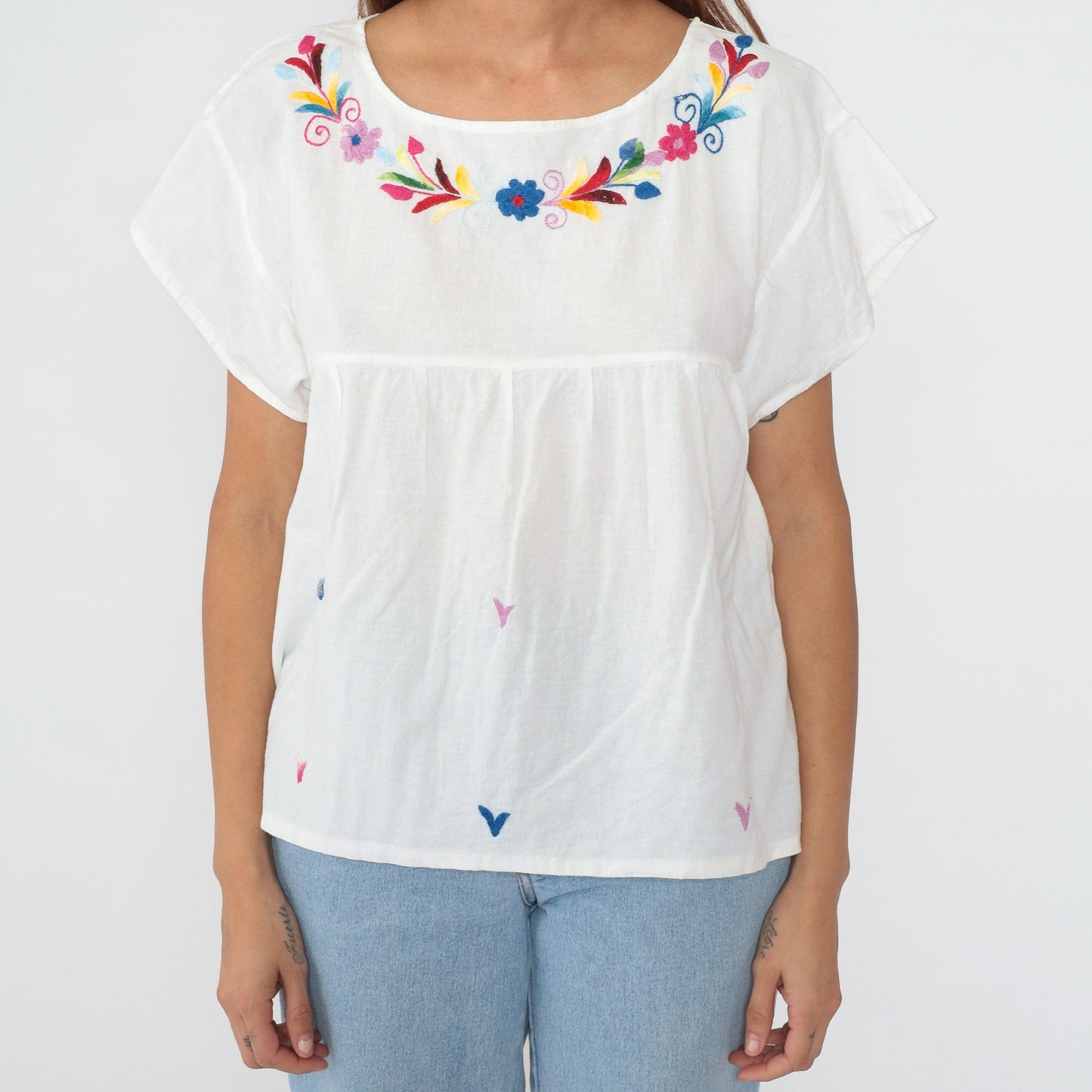 90s Mexican Floral Embroidered Blouse White Cotton Babydoll Empire Waist Small