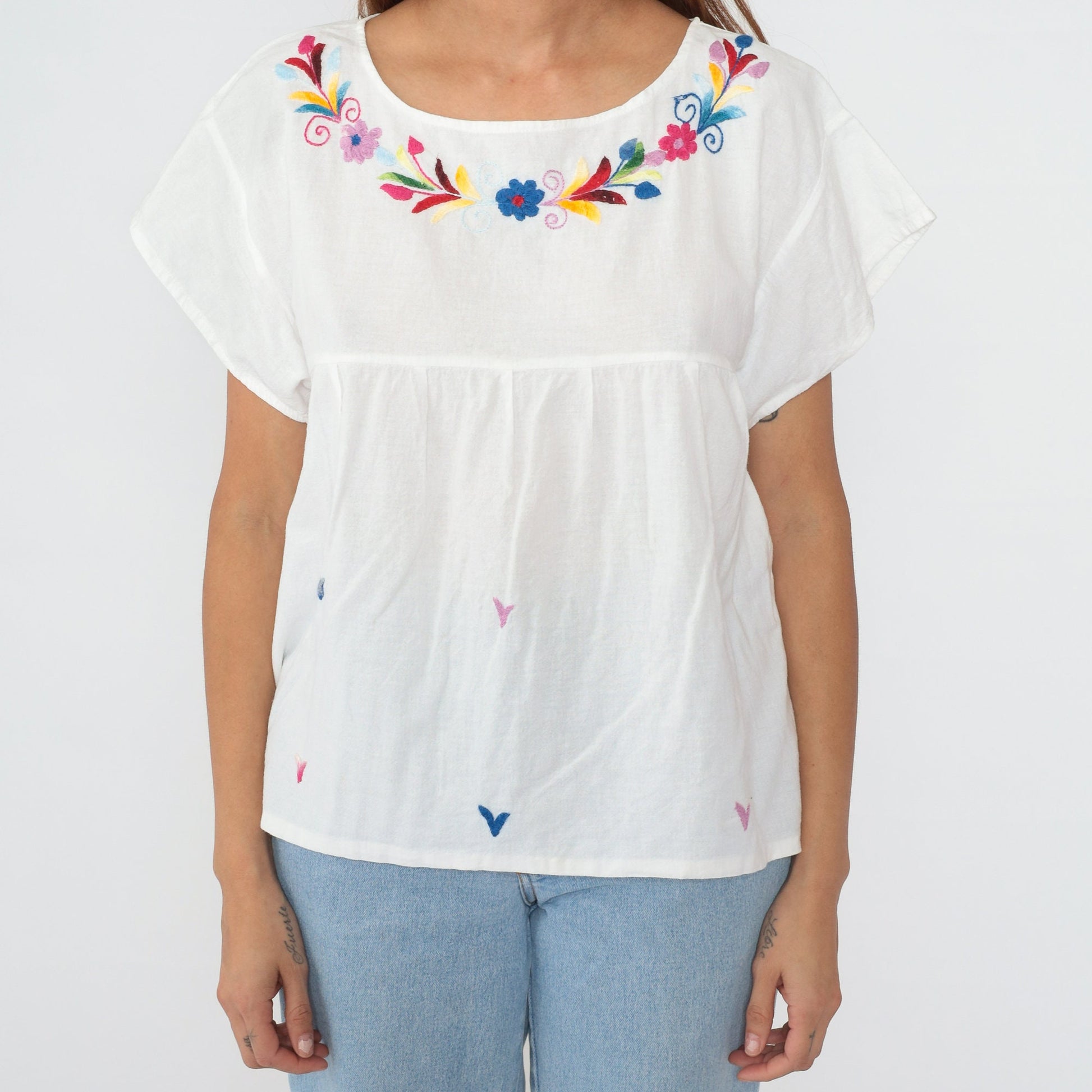 90s Mexican Floral Embroidered Blouse White Cotton Babydoll Empire Waist Small