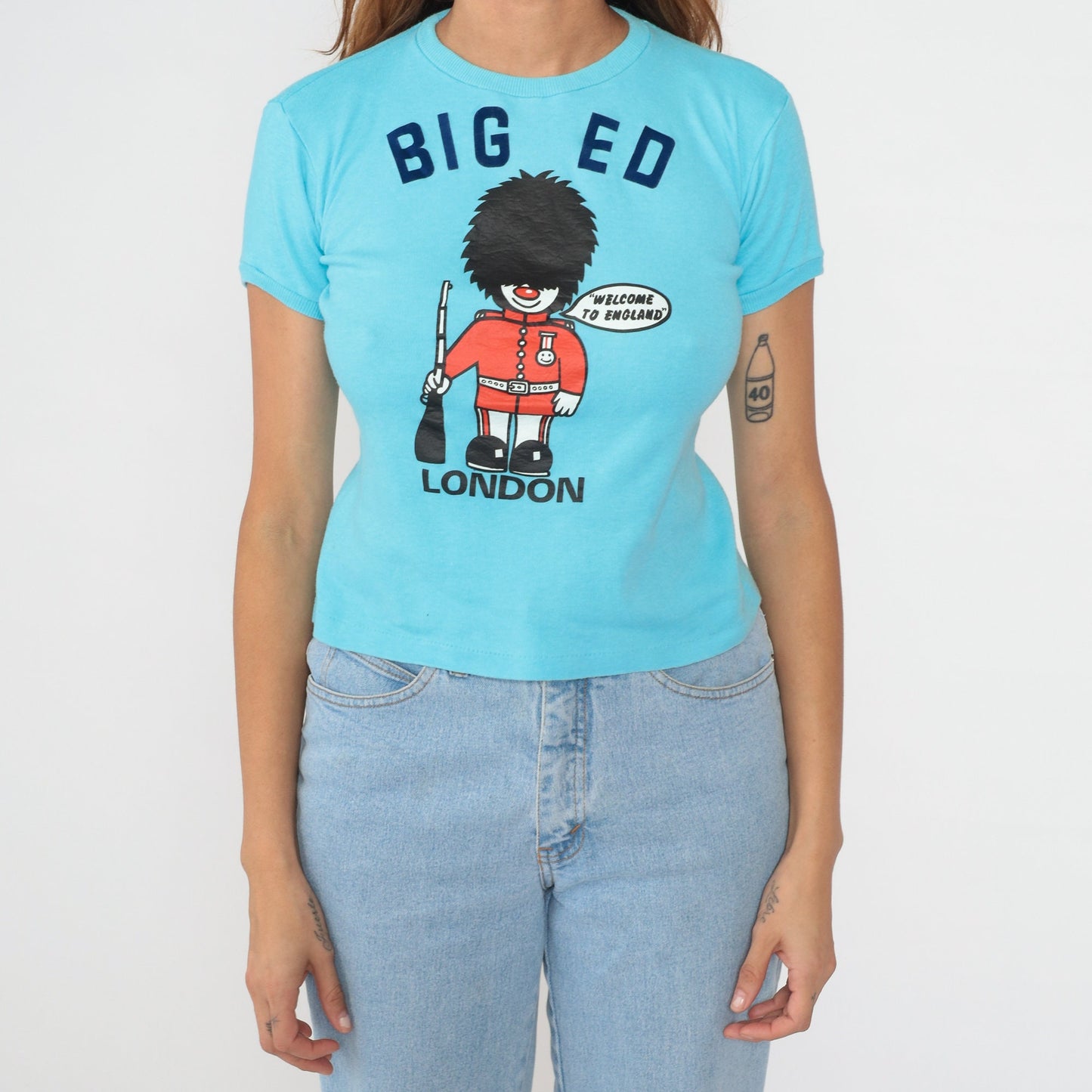 80s London King's Guard Big Ed Graphic Baby Tee Blue Cotton Small S
