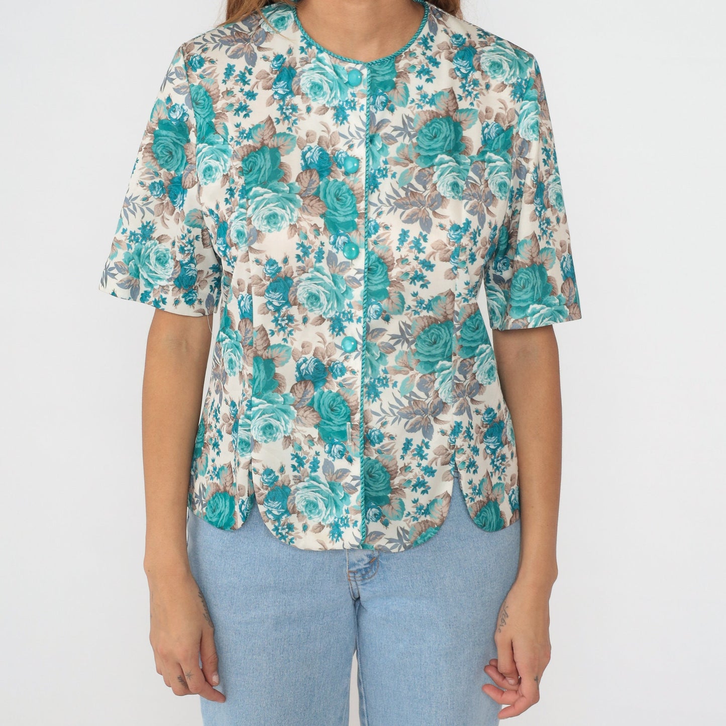 80s Blue Floral Button-Up Blouse Short Sleeve Rose Print Shirt Medium
