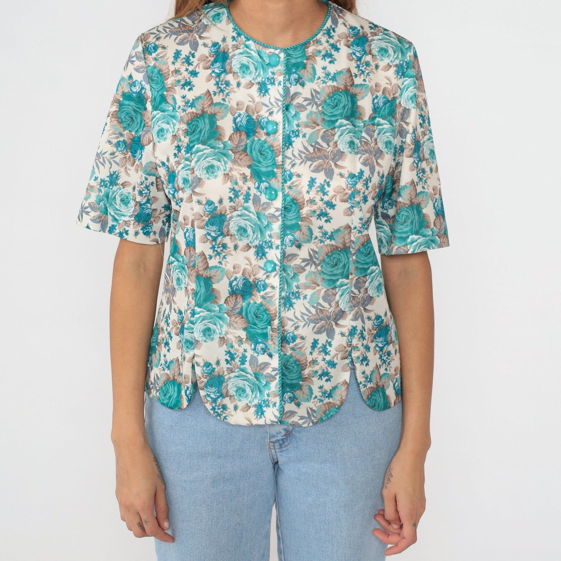 80s Blue Floral Button-Up Blouse Short Sleeve Rose Print Shirt Medium