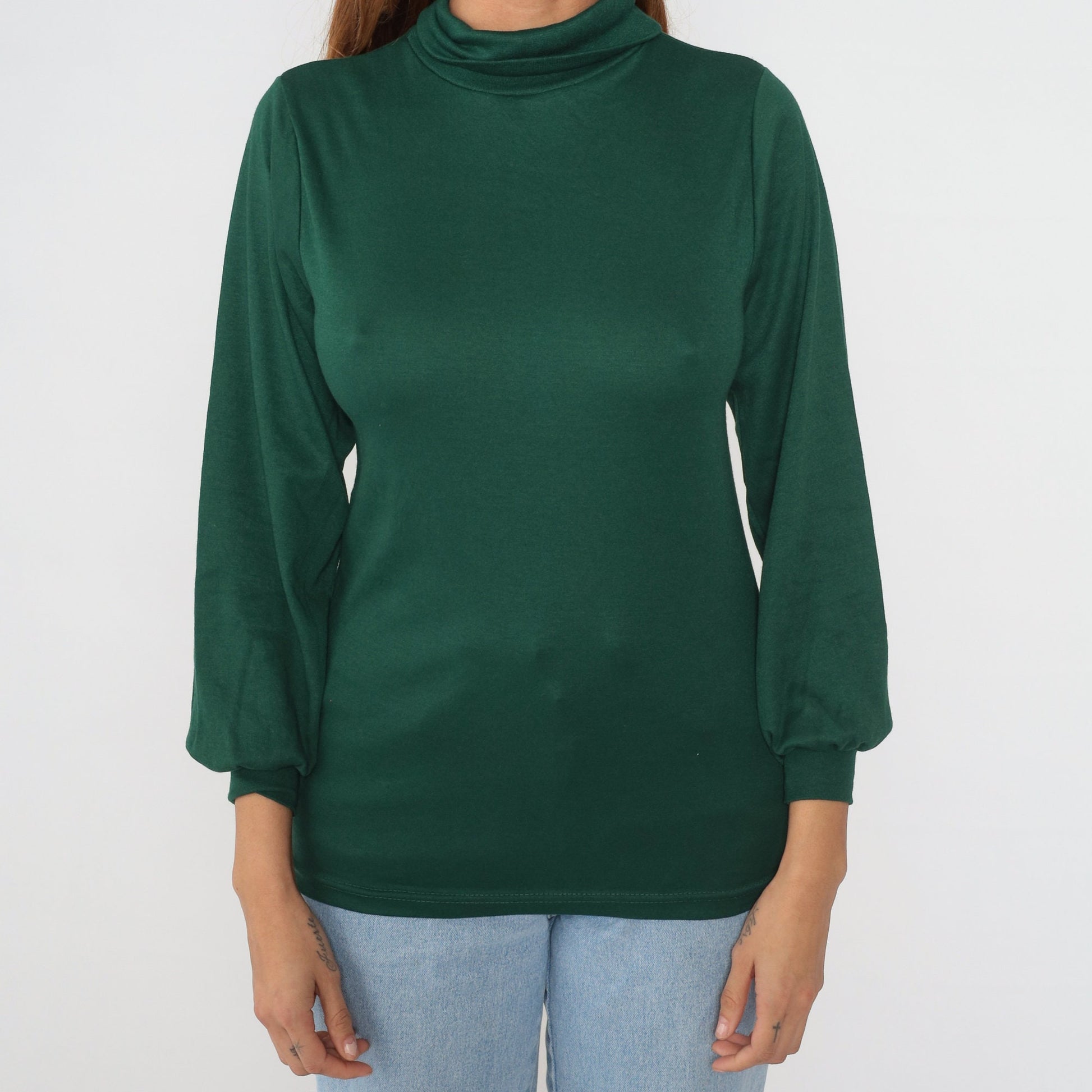 80s Forest Green Turtleneck Balloon Sleeve Blouse Large L