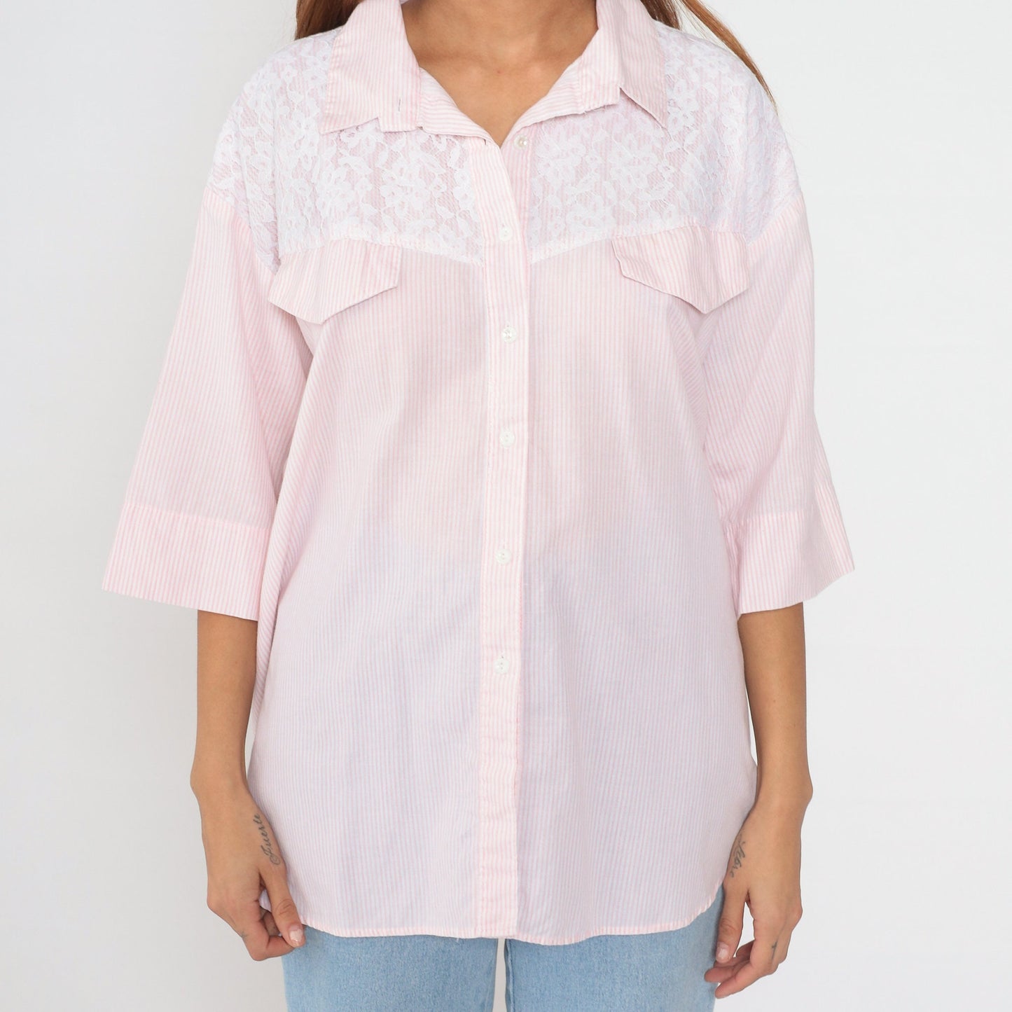 90s Pink White Striped Button-Up Blouse Lace Yoke Half Sleeve Extra Extra Large XXL