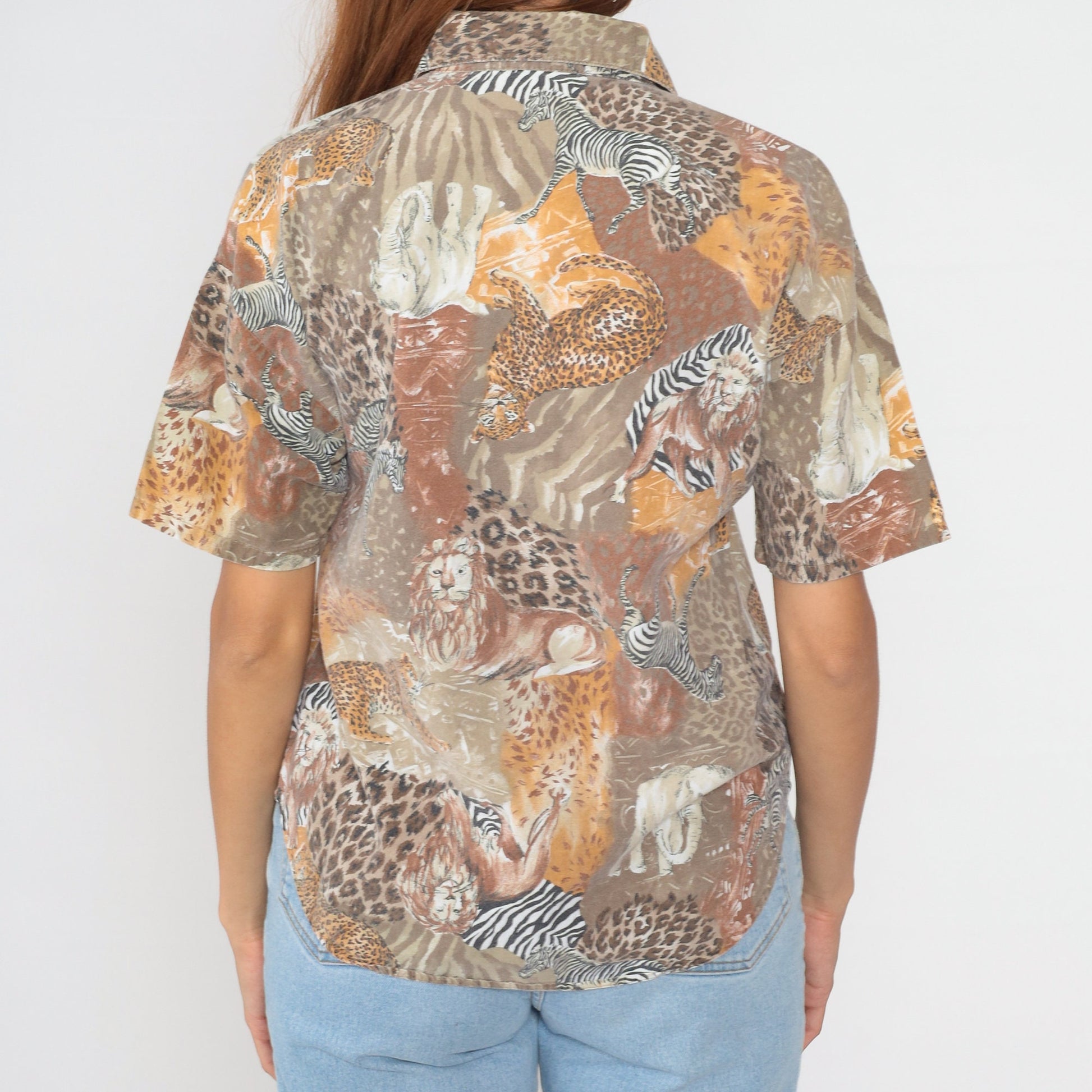 90s Safari Animal Print Button-Up Blouse Lion Zebra Elephant Medium