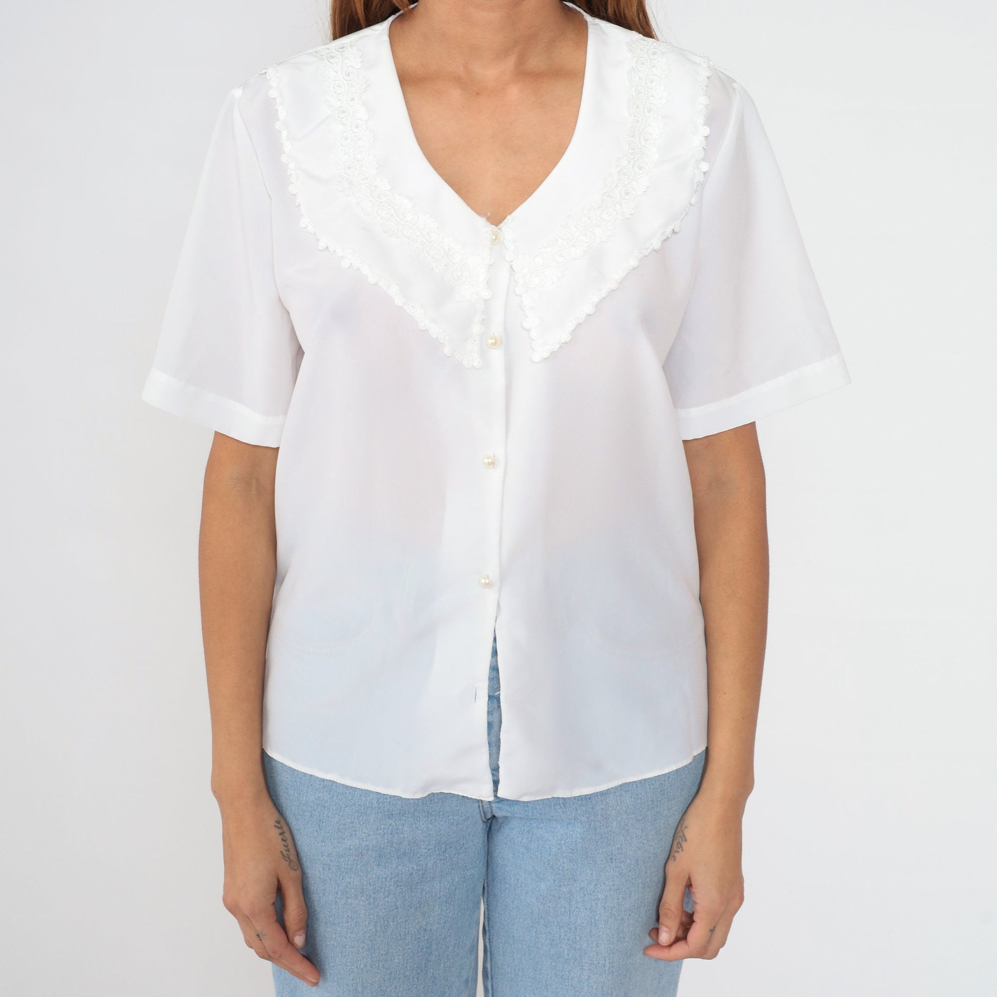 90s White Floral Bertha Collar Blouse Button-Up Short Sleeve Medium