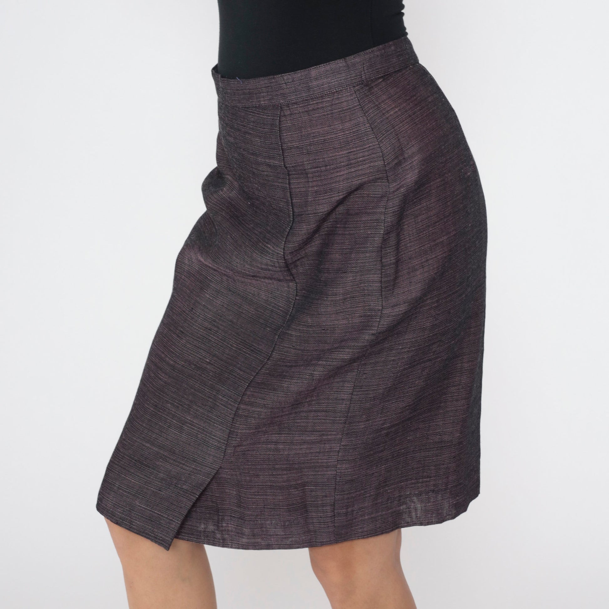 80s Heathered Black Pink Pencil Skirt High Waist Midi Kick Pleat Medium