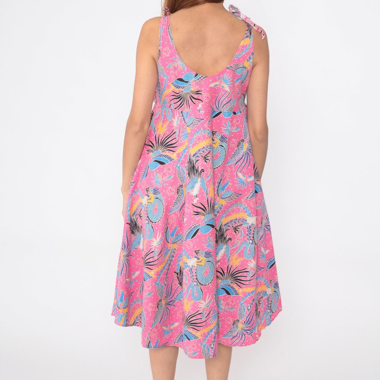 80s Dragon Phoenix Bird Print Pink Midi Sundress Empire Waist Small