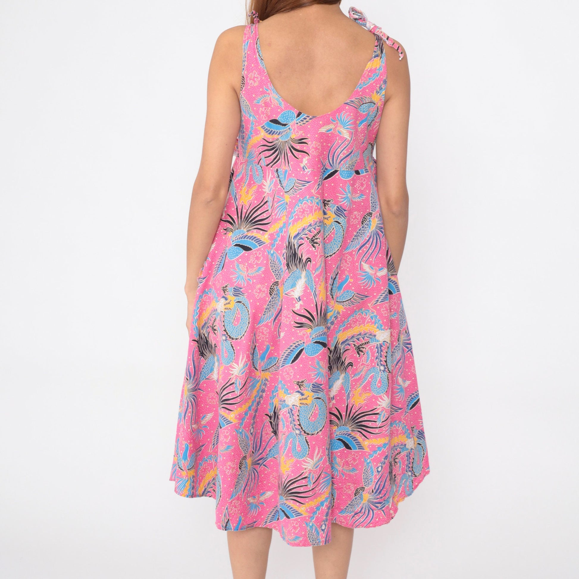 80s Dragon Phoenix Bird Print Pink Midi Sundress Empire Waist Small