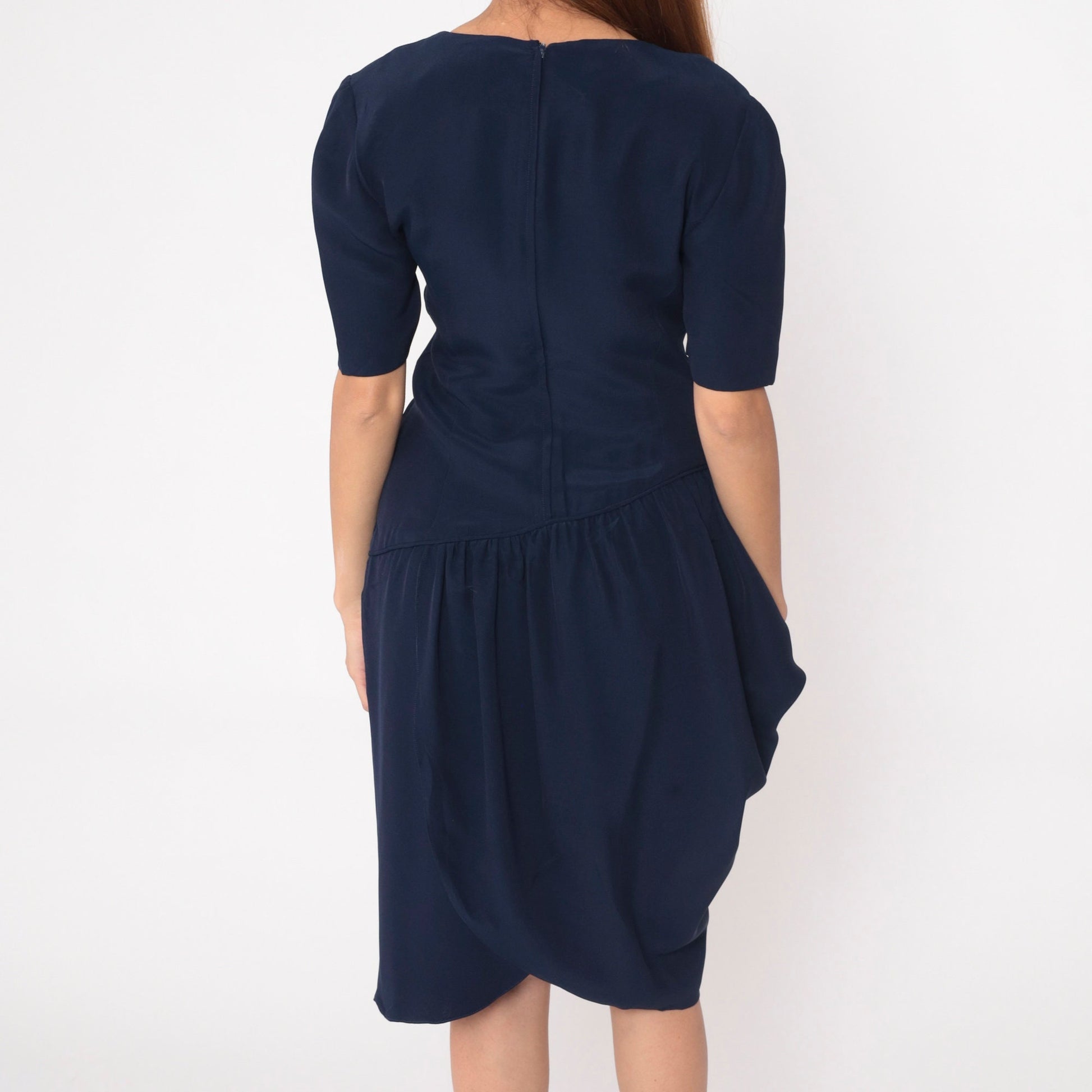 90s Navy Tulip Midi Dress Asymmetrical Drop Waist Gathered Pocket Medium 8