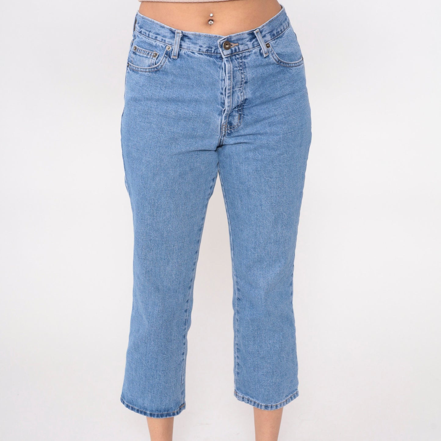 90s Capri Jeans Button Fly Mid Rise Cropped Denim Blue Small