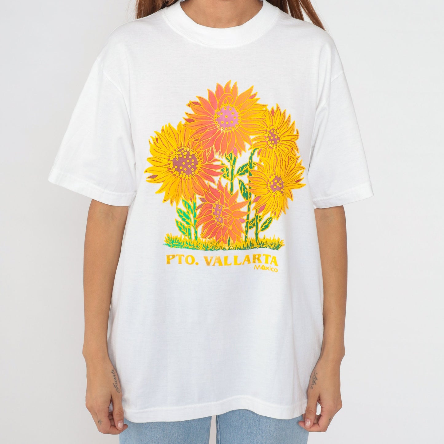 90s Puerto Vallarta Mexico Sunflower Graphic T-Shirt White Extra Large