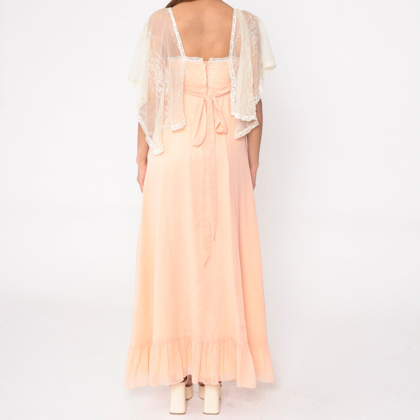 70s Peach Lace Maxi Dress Empire Waist Flutter Sleeve Small