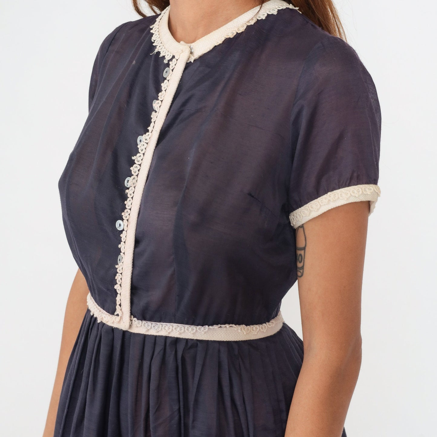 1950s Navy Sheer Button-Up Shirtdress Lace Trim Pleated Skirt Tea Length Small S