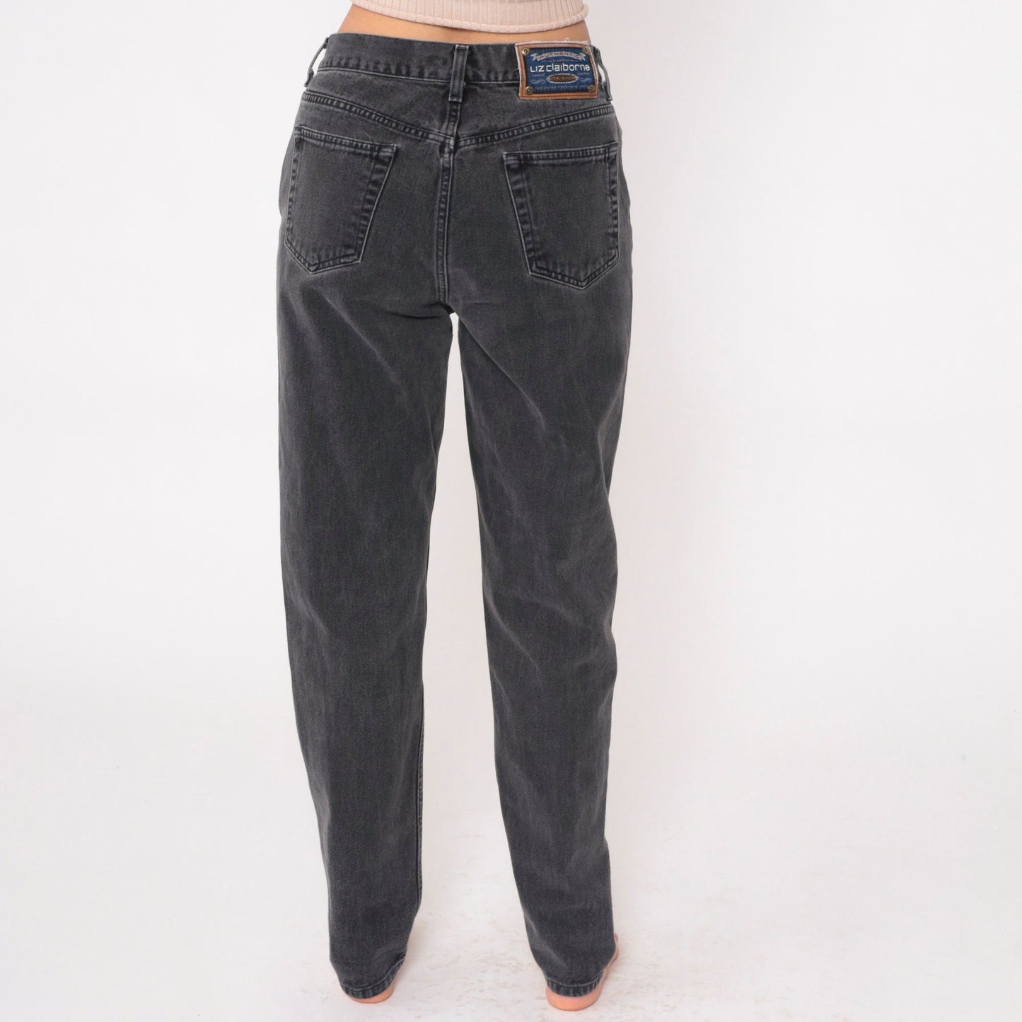 90s Liz Claiborne Faded Black Mom Jeans Tapered Mid Rise Denim Long Medium