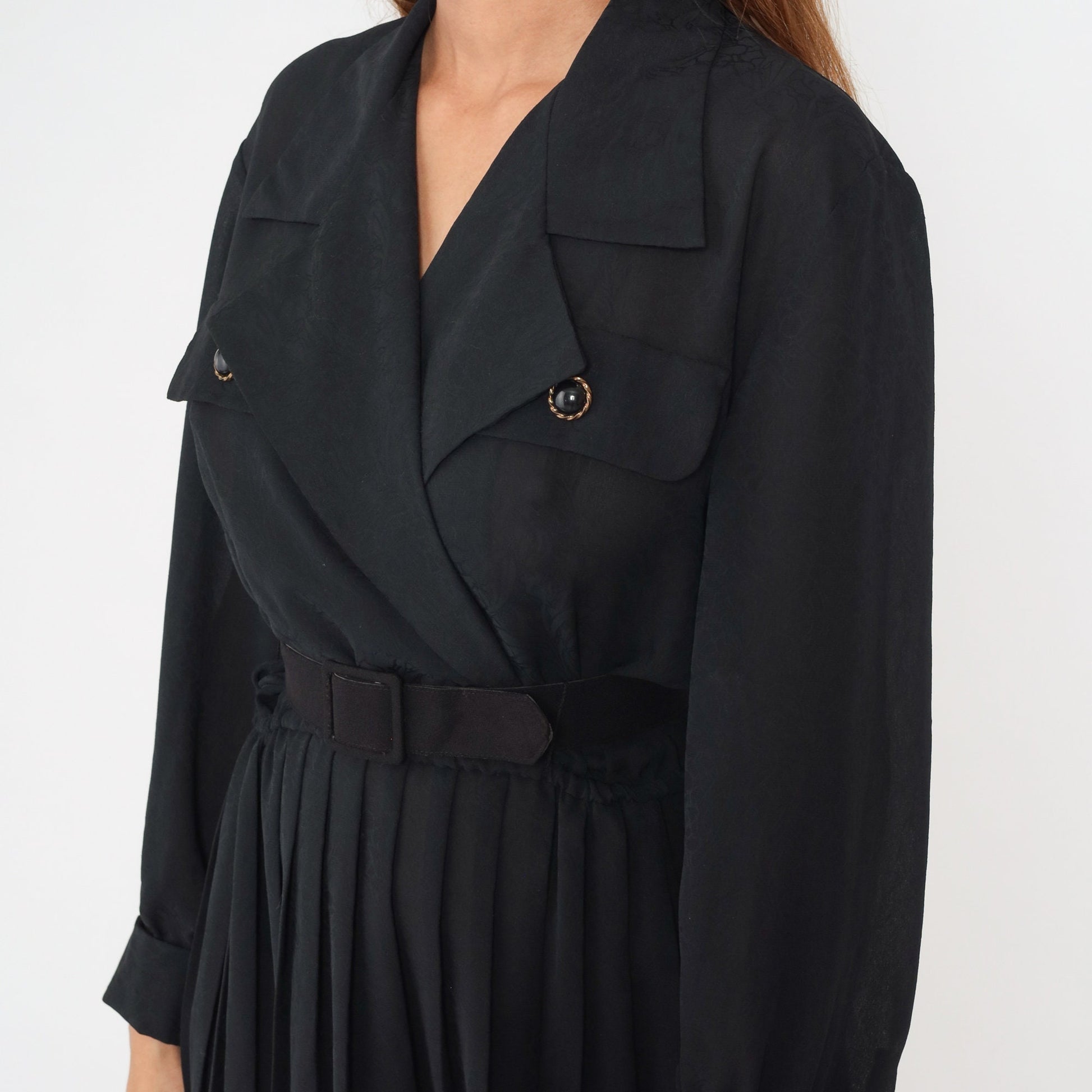 90s Black Wrap Midi Dress Surplice V-Neck High Waist Long Sleeve Medium 8