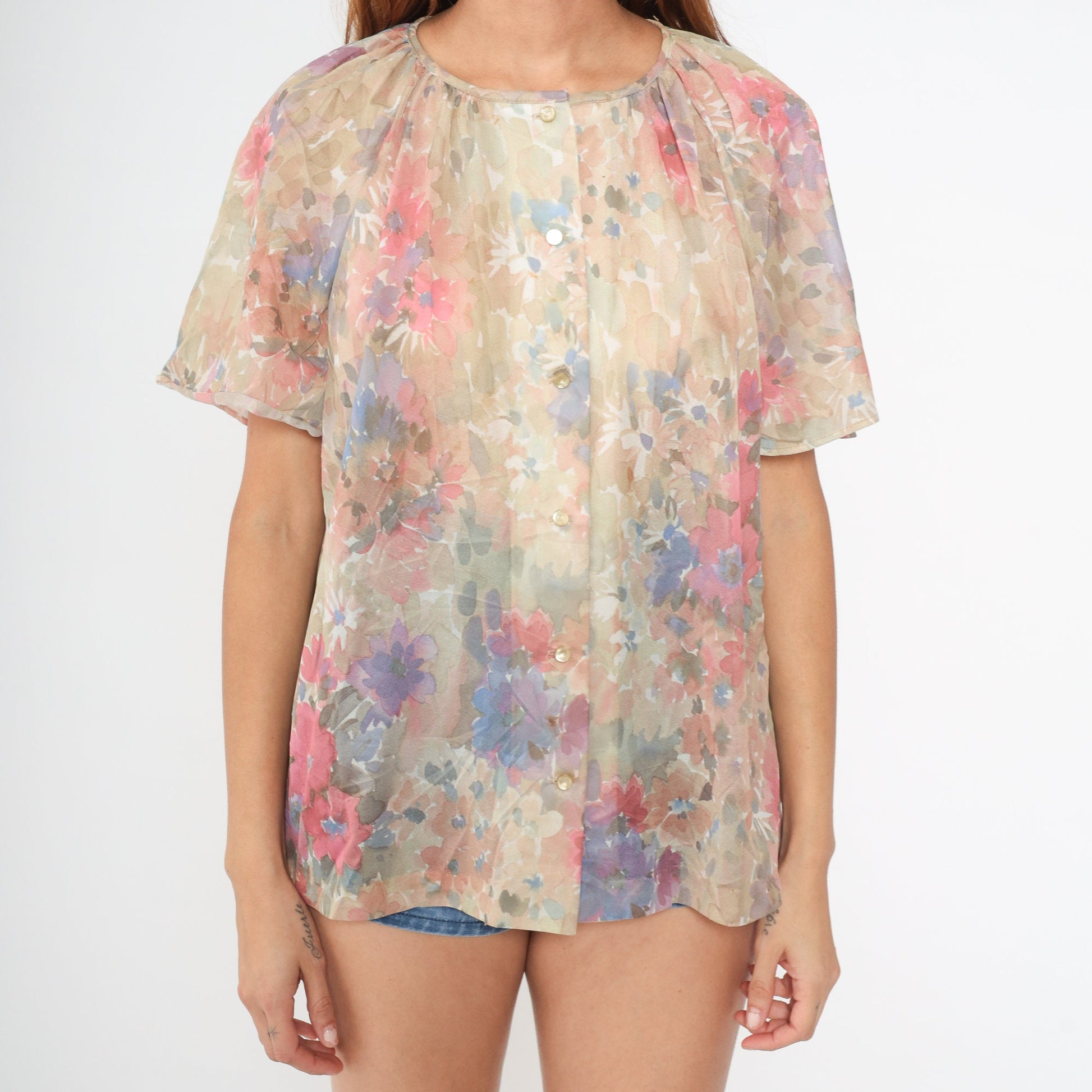 70s Watercolor Floral Button-Up Blouse Short Flutter Sleeve Pink Tan White Medium Large