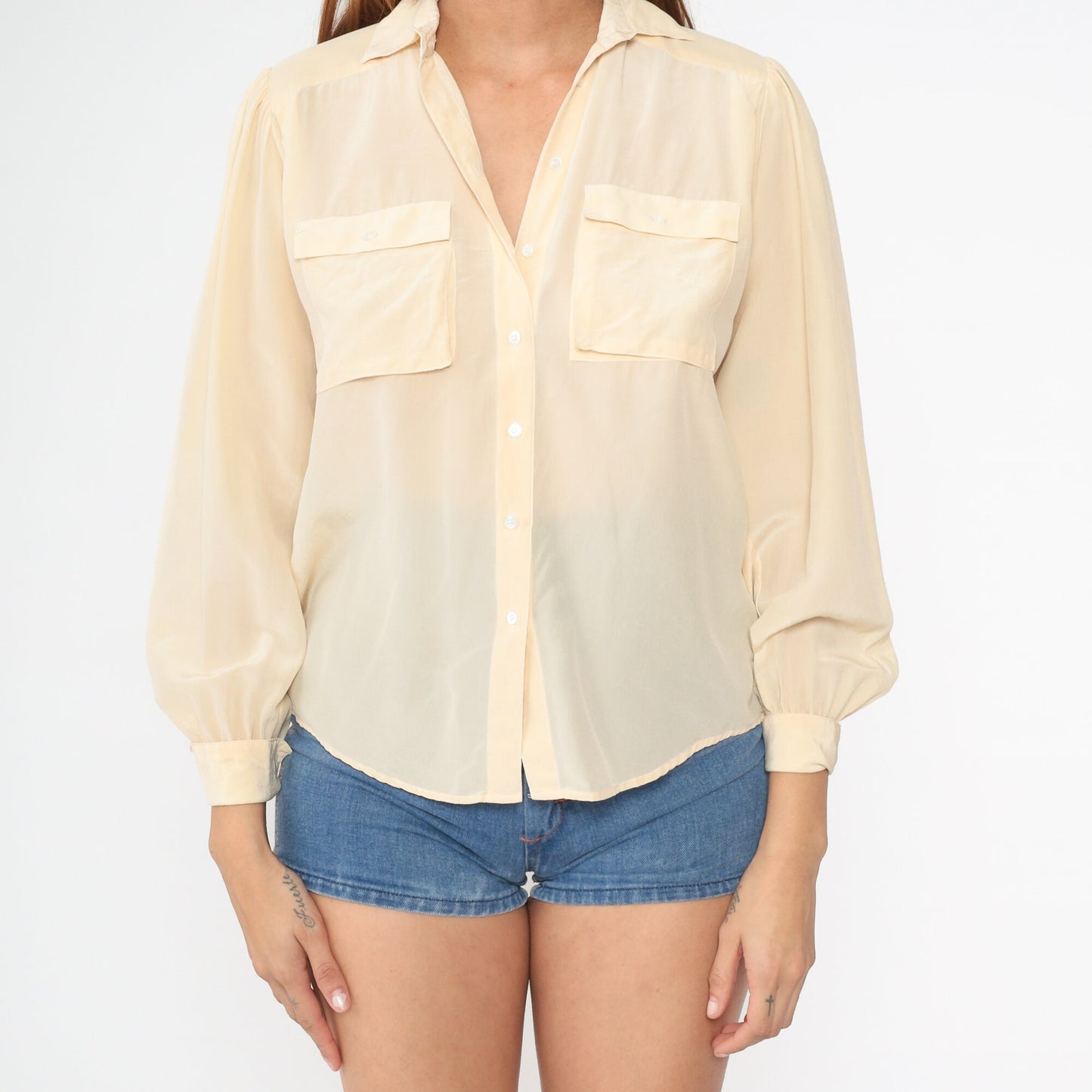 90s Liz Claiborne Cream Silk Button-Up Blouse Cargo Pockets Small