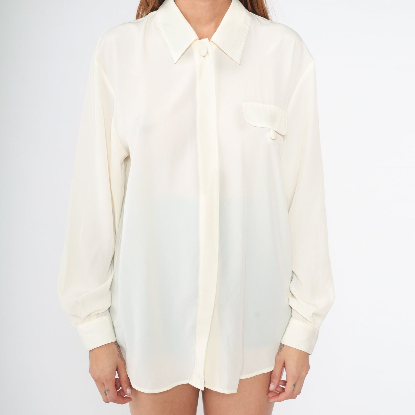 90s Cream Collared Blouse Hidden Button Long Sleeve Medium
