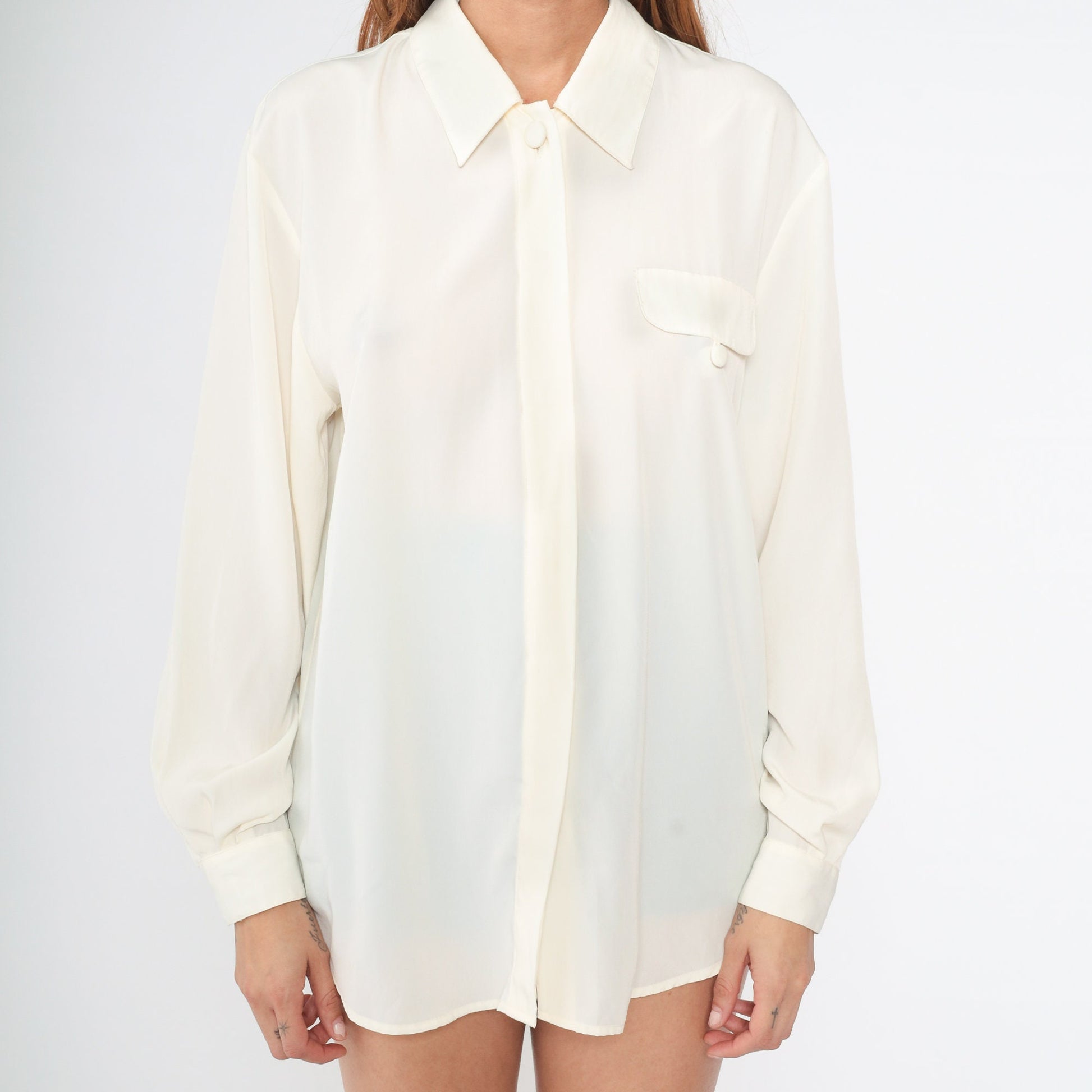 90s Cream Collared Blouse Hidden Button Long Sleeve Medium
