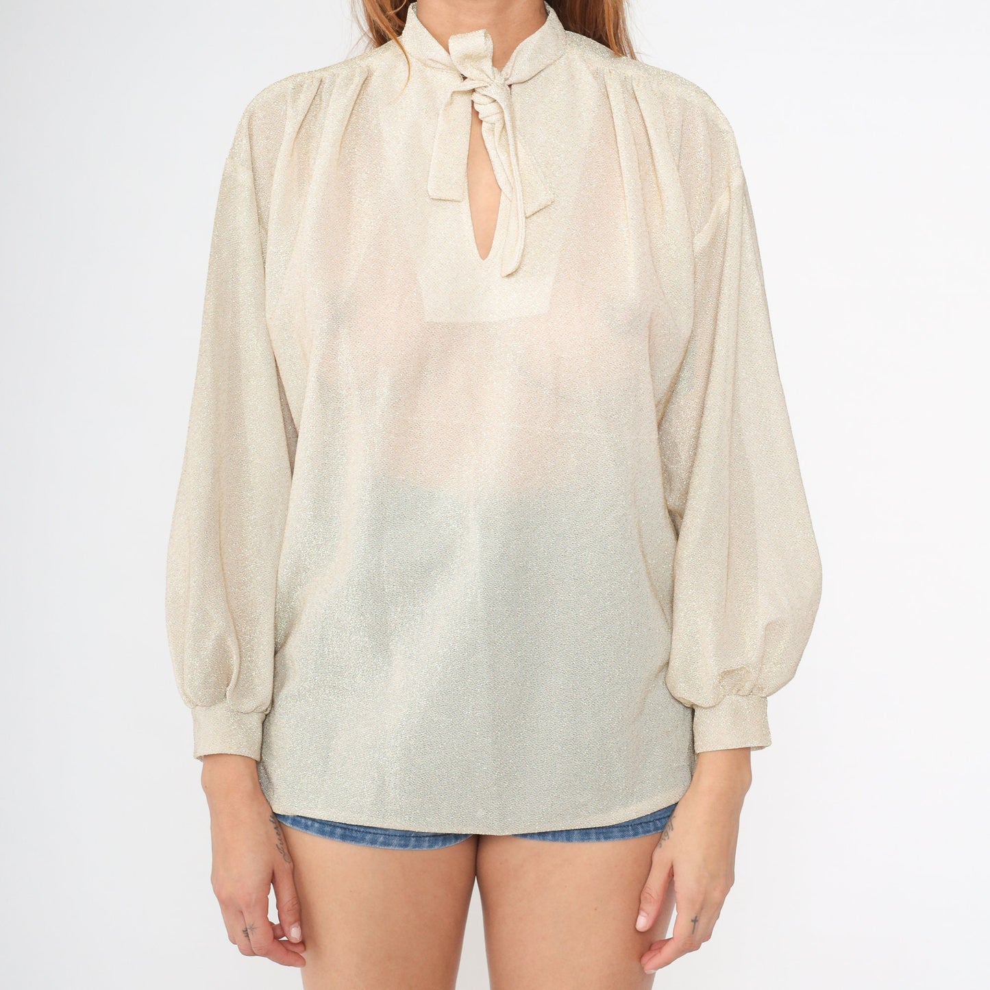 70s Metallic Gold Ascot Bow Blouse Cream Semi-Sheer Long Sleeve Medium