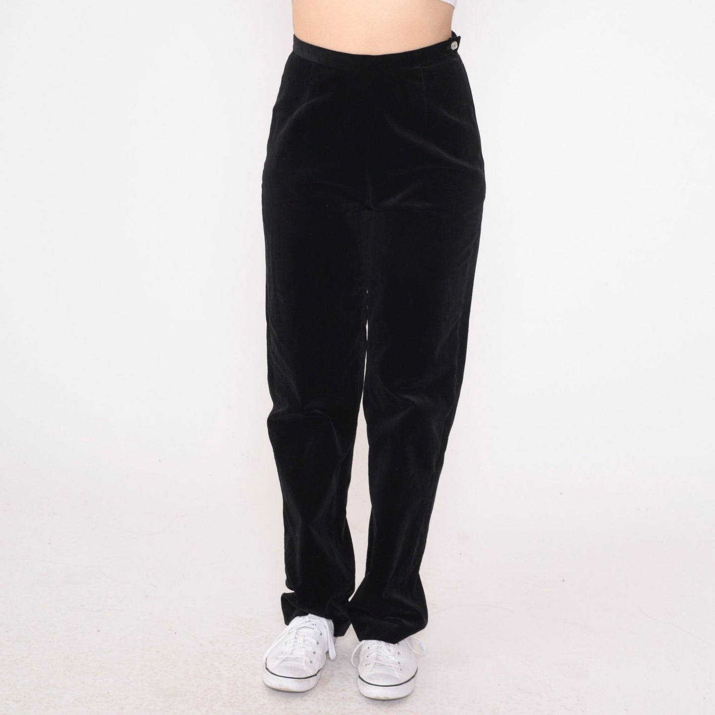 90s Black Velvet High-Waisted Trousers Straight Leg Small