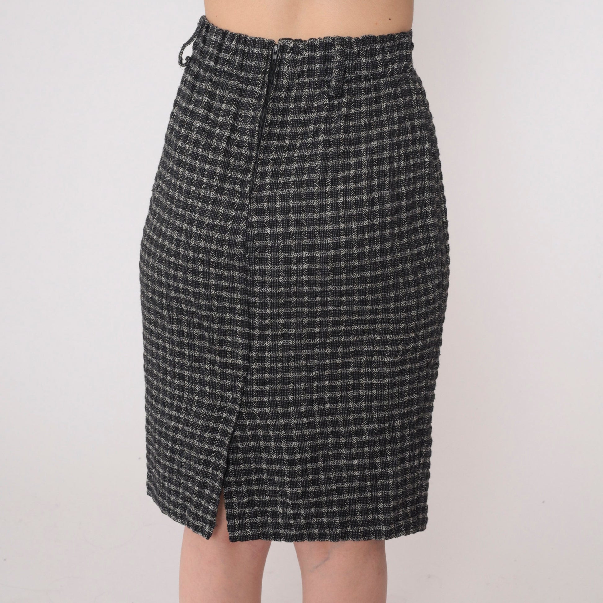 90s Black Grey Checkered Pencil Skirt High Waisted Mini Extra Small