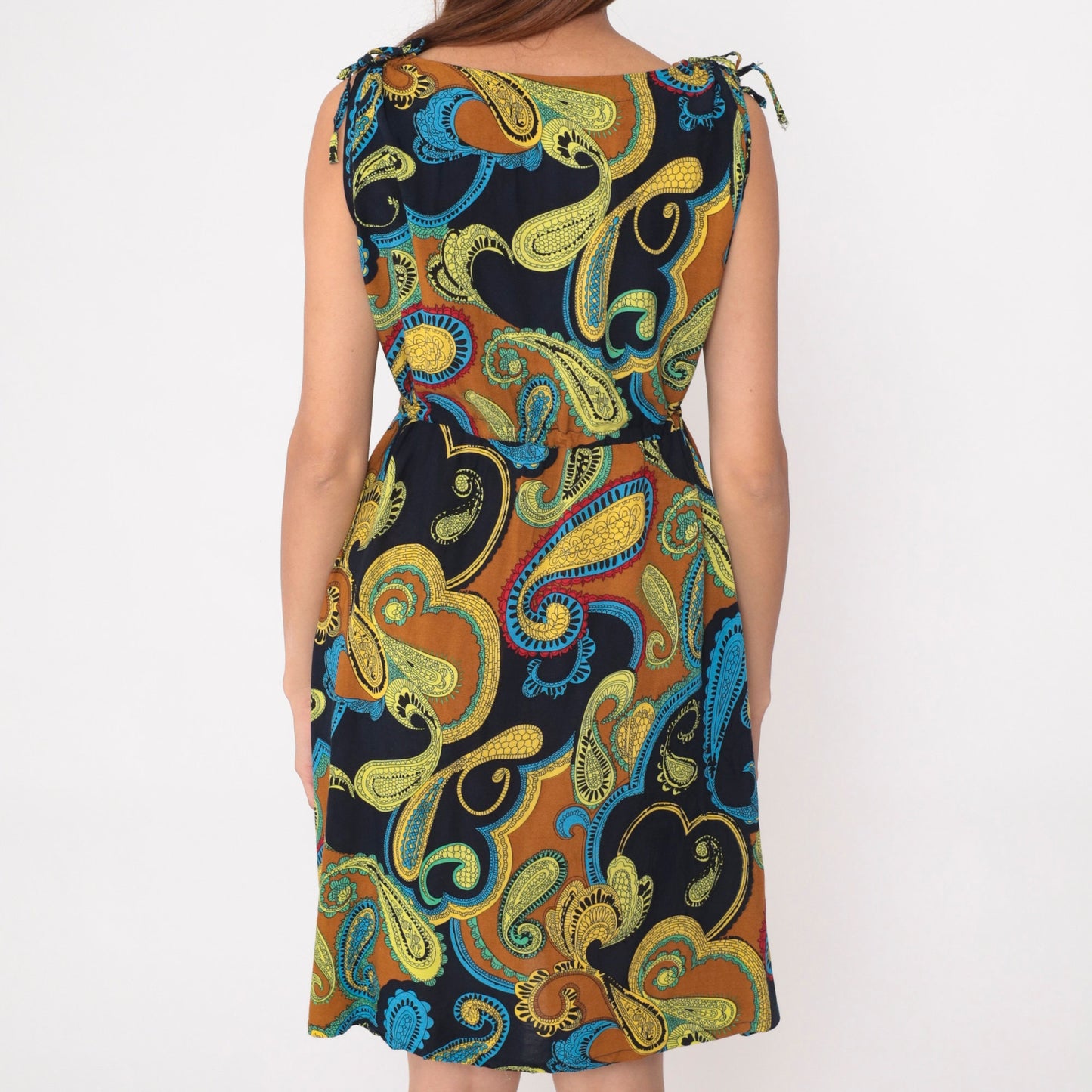 Y2K Paisley Sundress Drawstring Waist Sleeveless Shoulder Tie Black Yellow Medium
