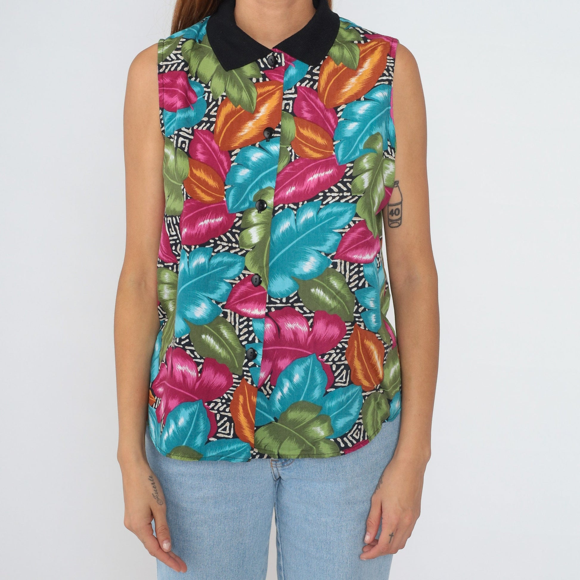90s Tropical Leaf Print Button-Up Tank Top Collared Blouse Large L