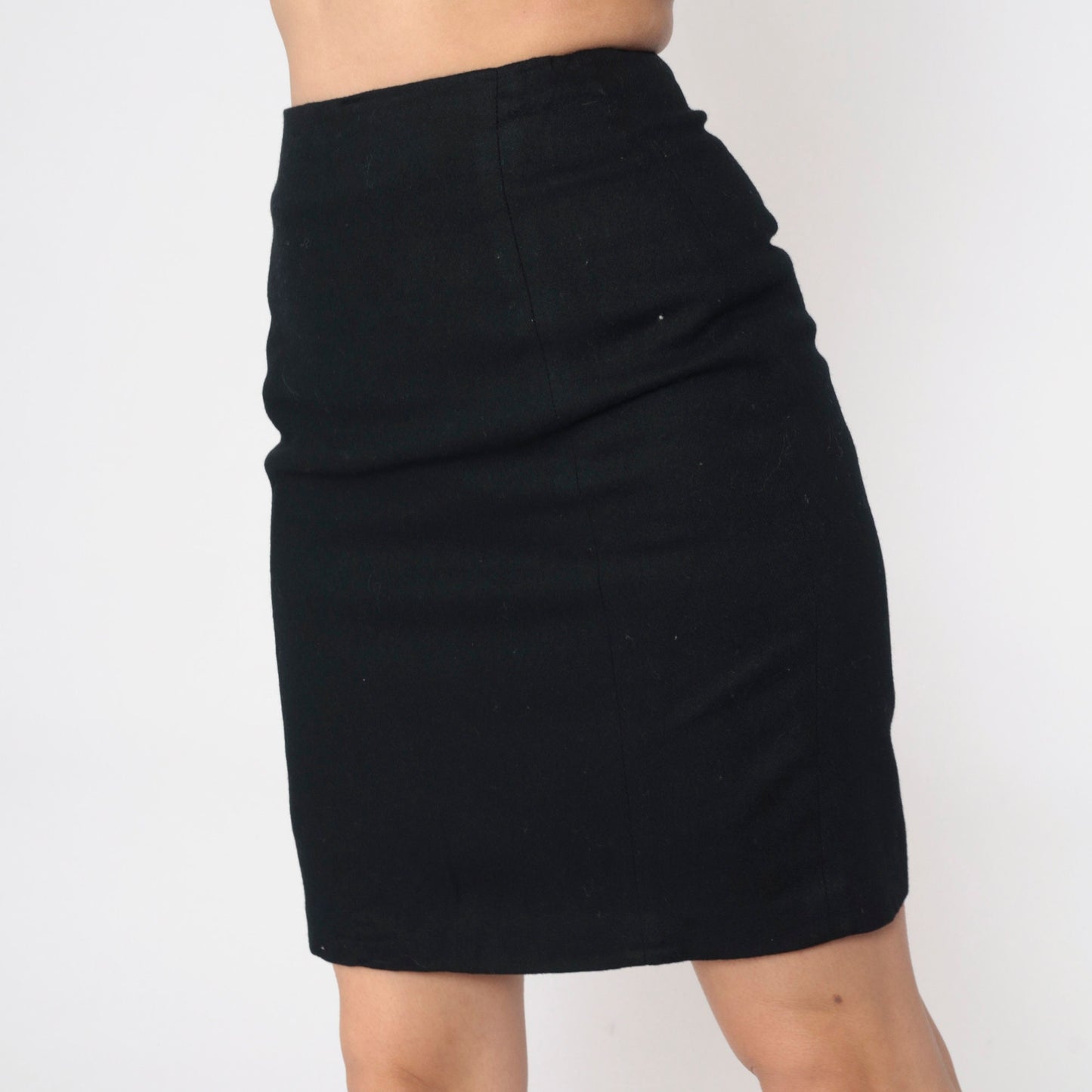 90s Black Wool Mini Pencil Skirt High Waist Rear Zip Extra Small XS