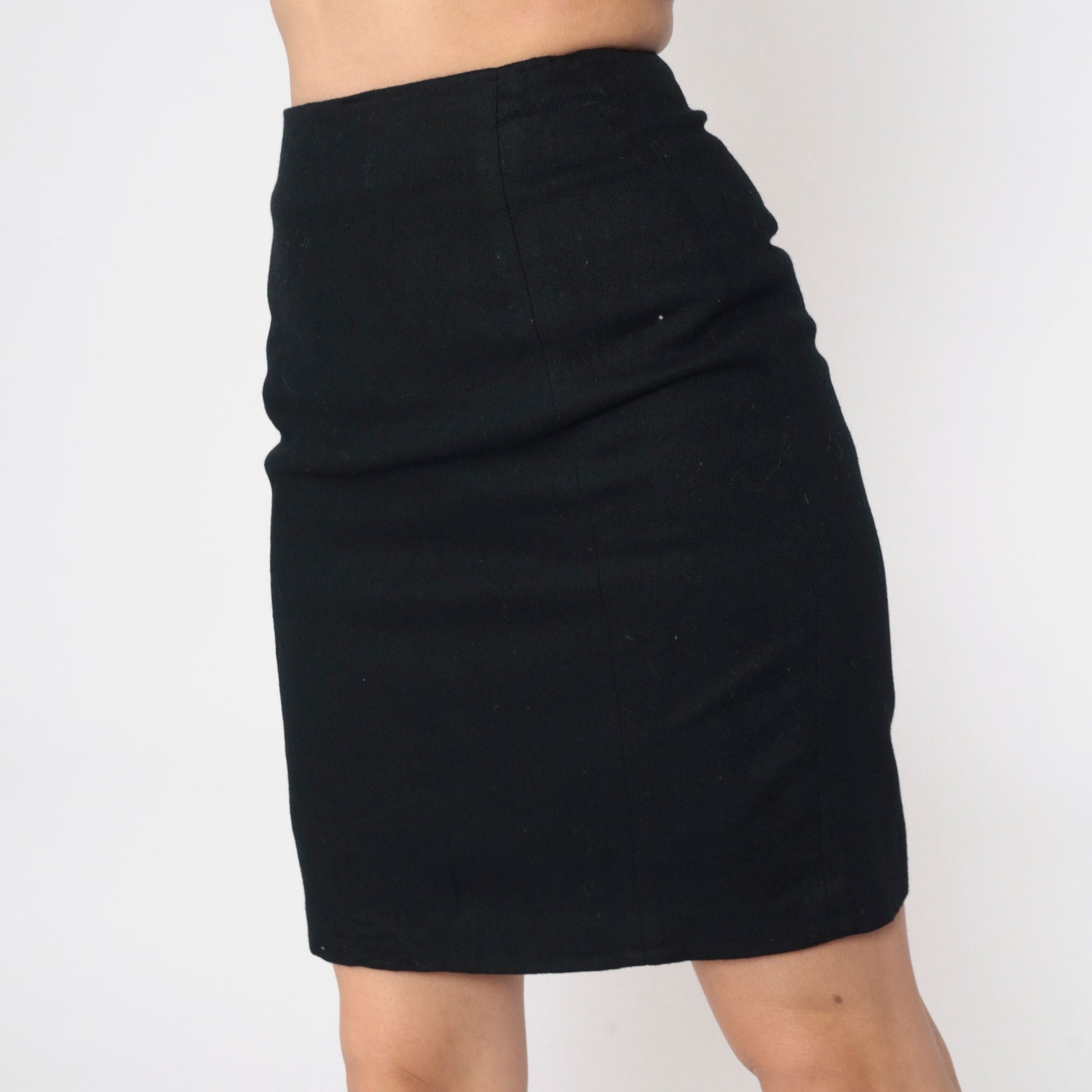90s Black Wool Mini Pencil Skirt High Waist Rear Zip Extra Small XS
