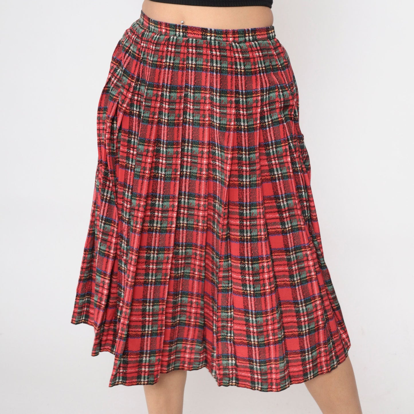 80s Red Plaid Silk Midi Skirt Pleated High Waist Small