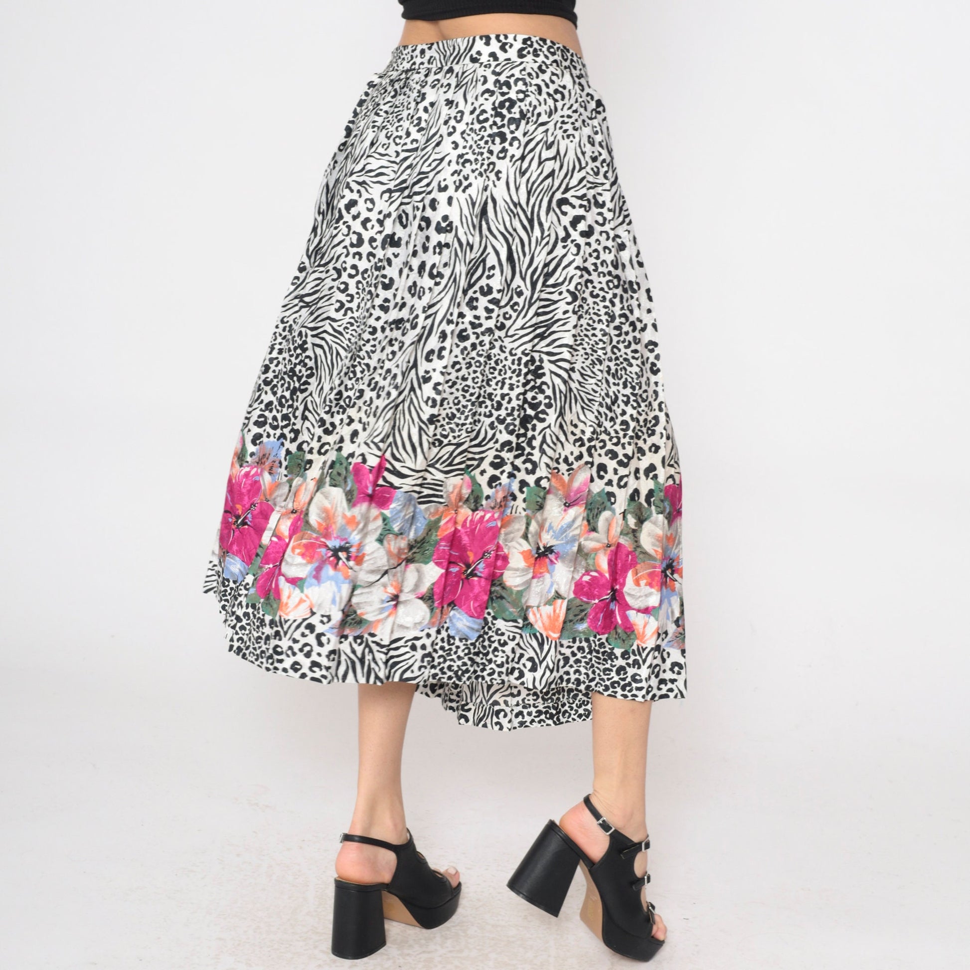 80s Leopard Zebra Floral Embossed Pleated Midi Skirt High Waist Black White Large