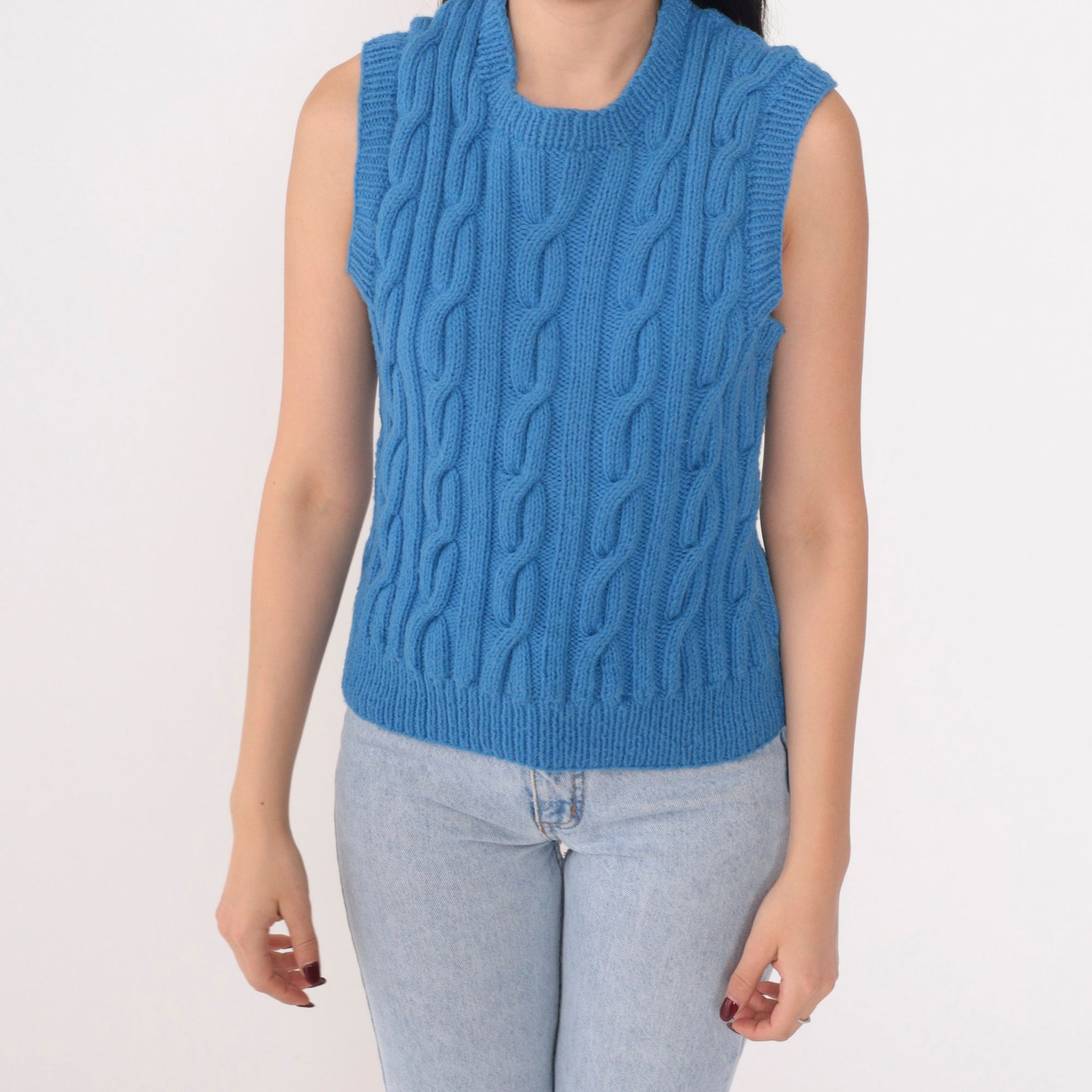80s Blue Cable Knit Sweater Vest Sleeveless Pullover Small S