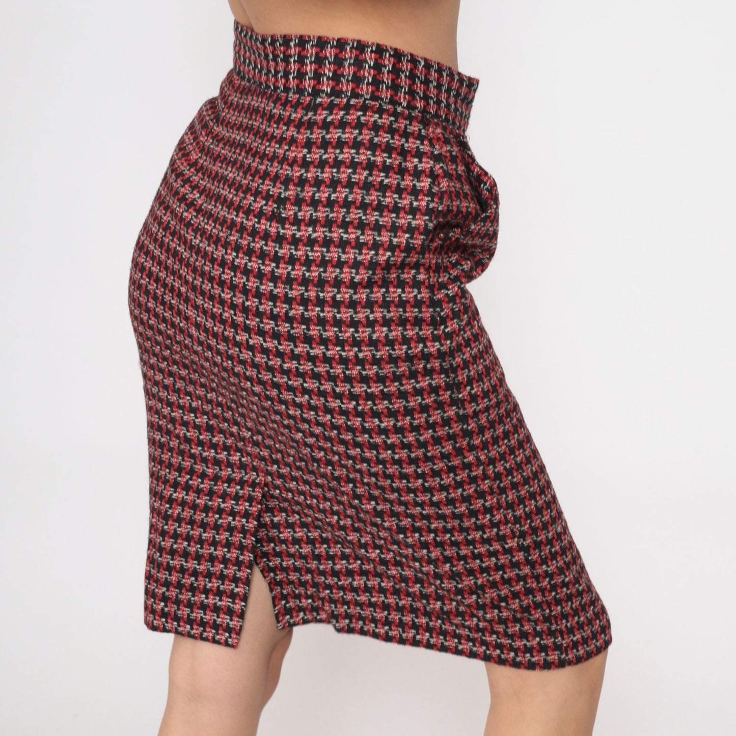 80s Diane von Furstenberg Houndstooth Pencil Skirt High Waisted Black Red White Small