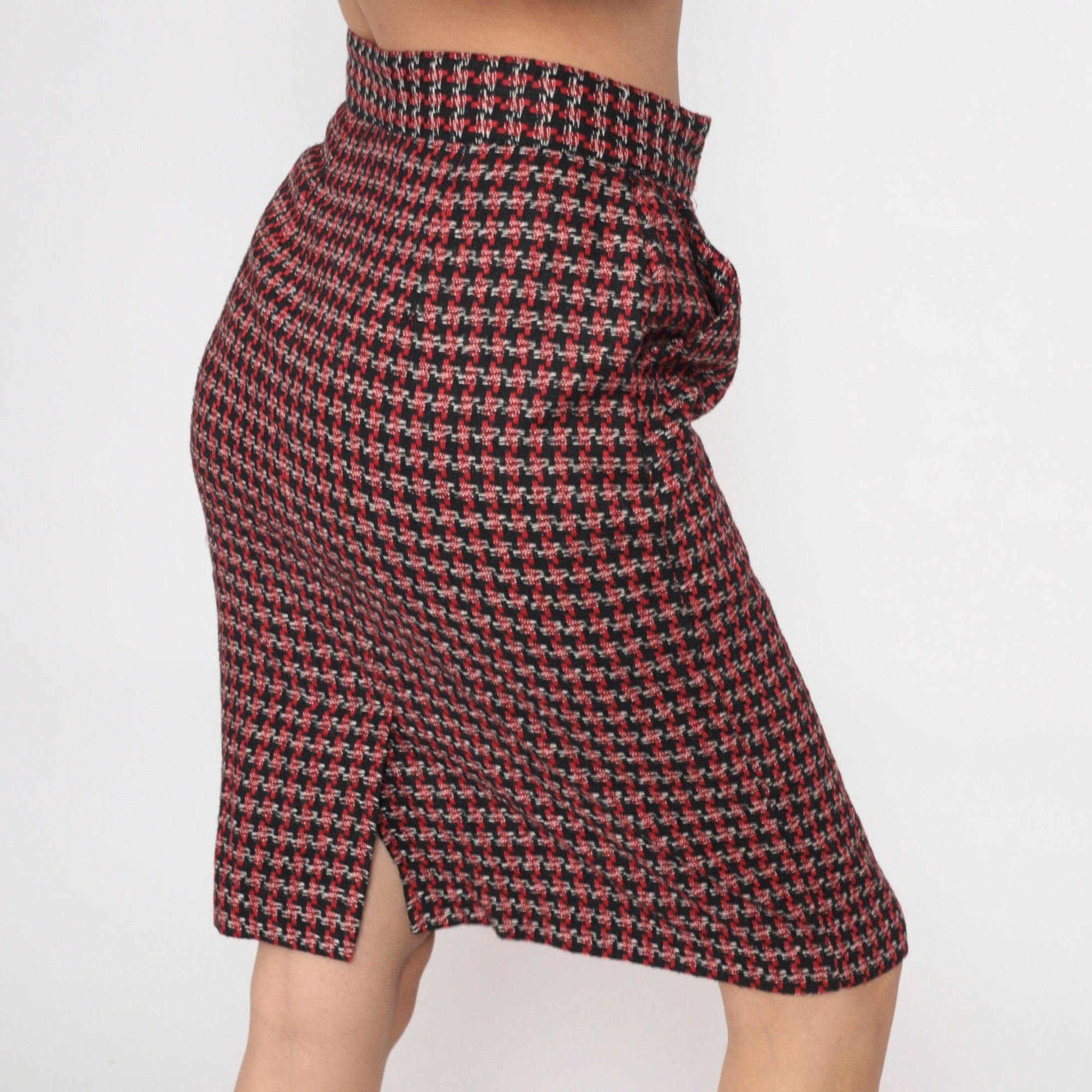 80s Diane von Furstenberg Houndstooth Pencil Skirt High Waisted Black Red White Small