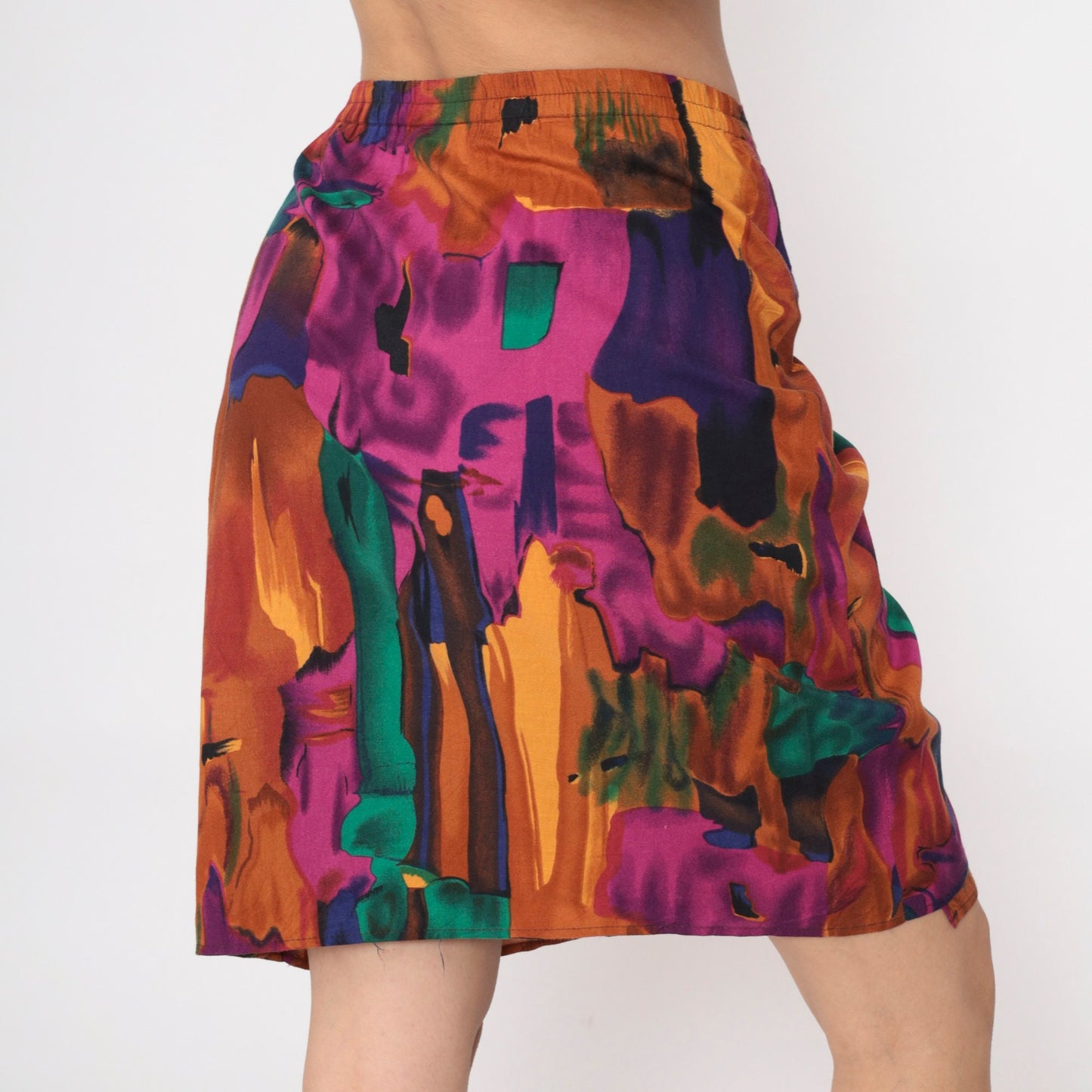 90s Sue Brett Abstract Watercolor Mini Skirt Faux Wrap Elastic Waist Medium Large