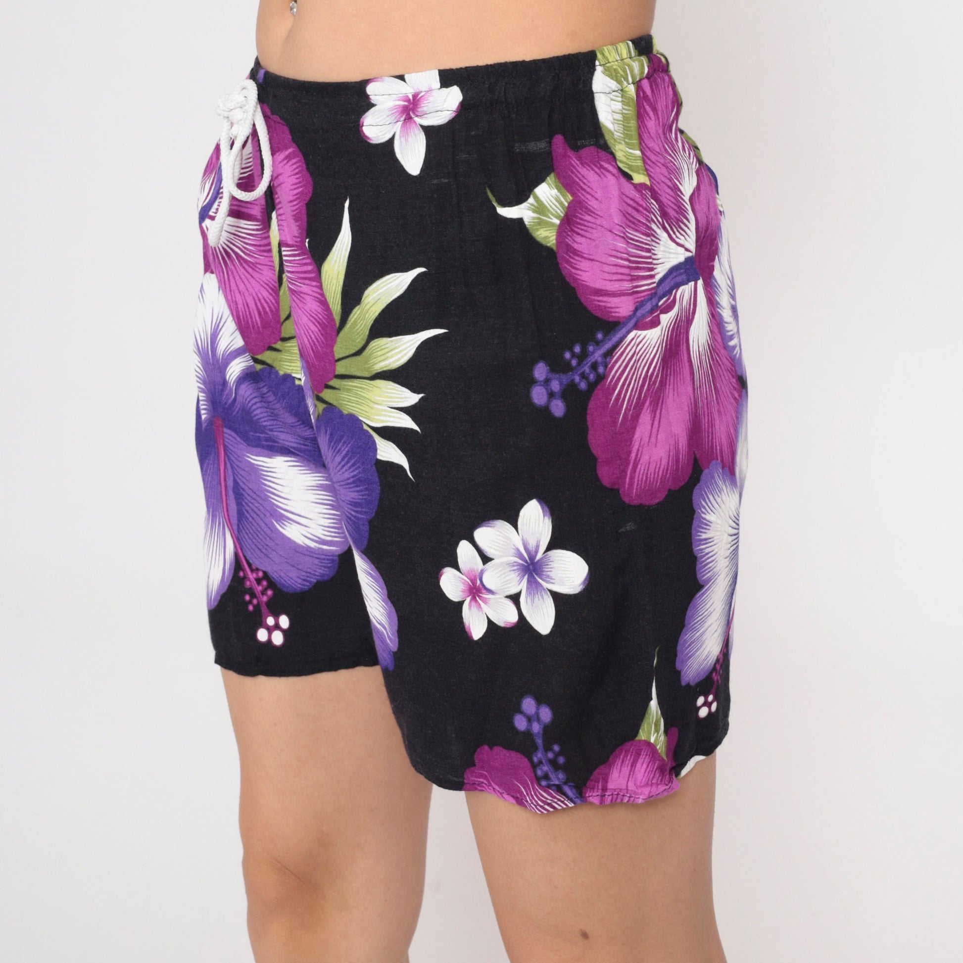 Y2K Black Rayon Shorts Purple Hibiscus Tropical Floral Drawstring Small Medium