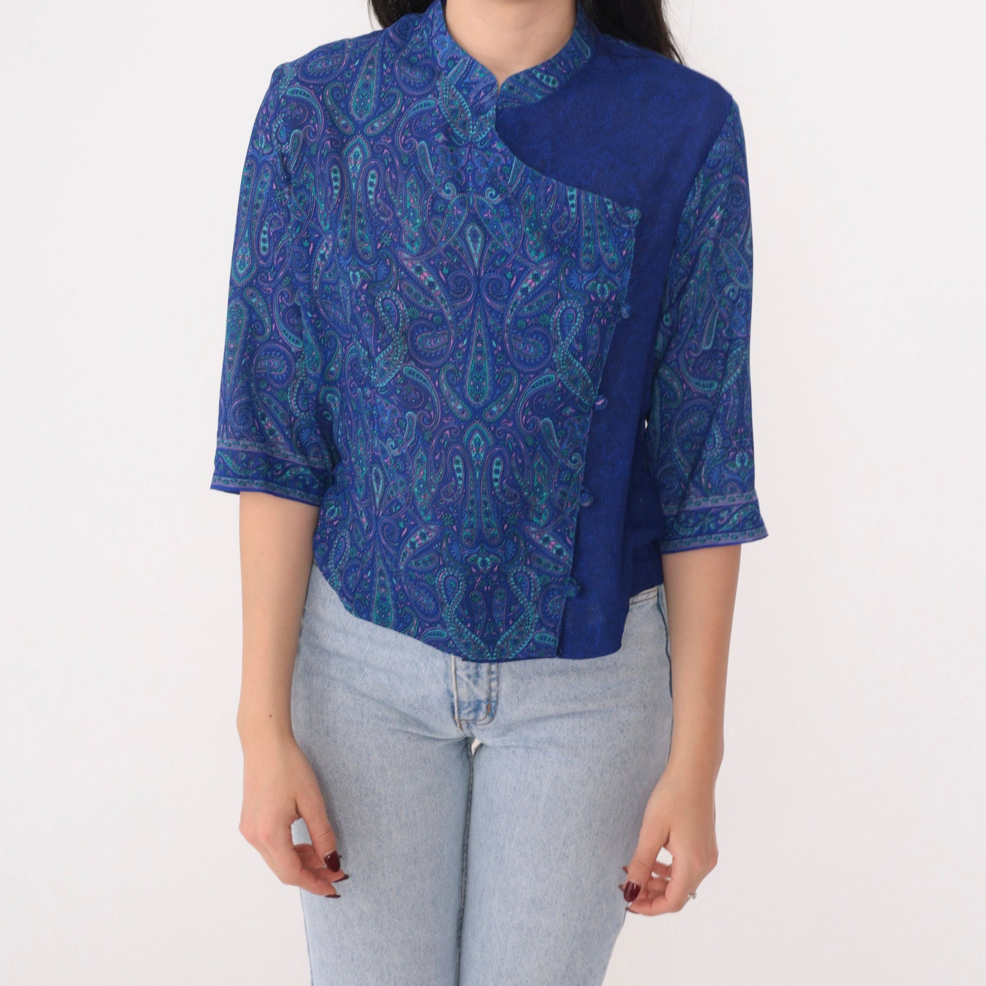 90s Blue Paisley Asymmetrical Button-Up Blouse Half Sleeve Medium Large