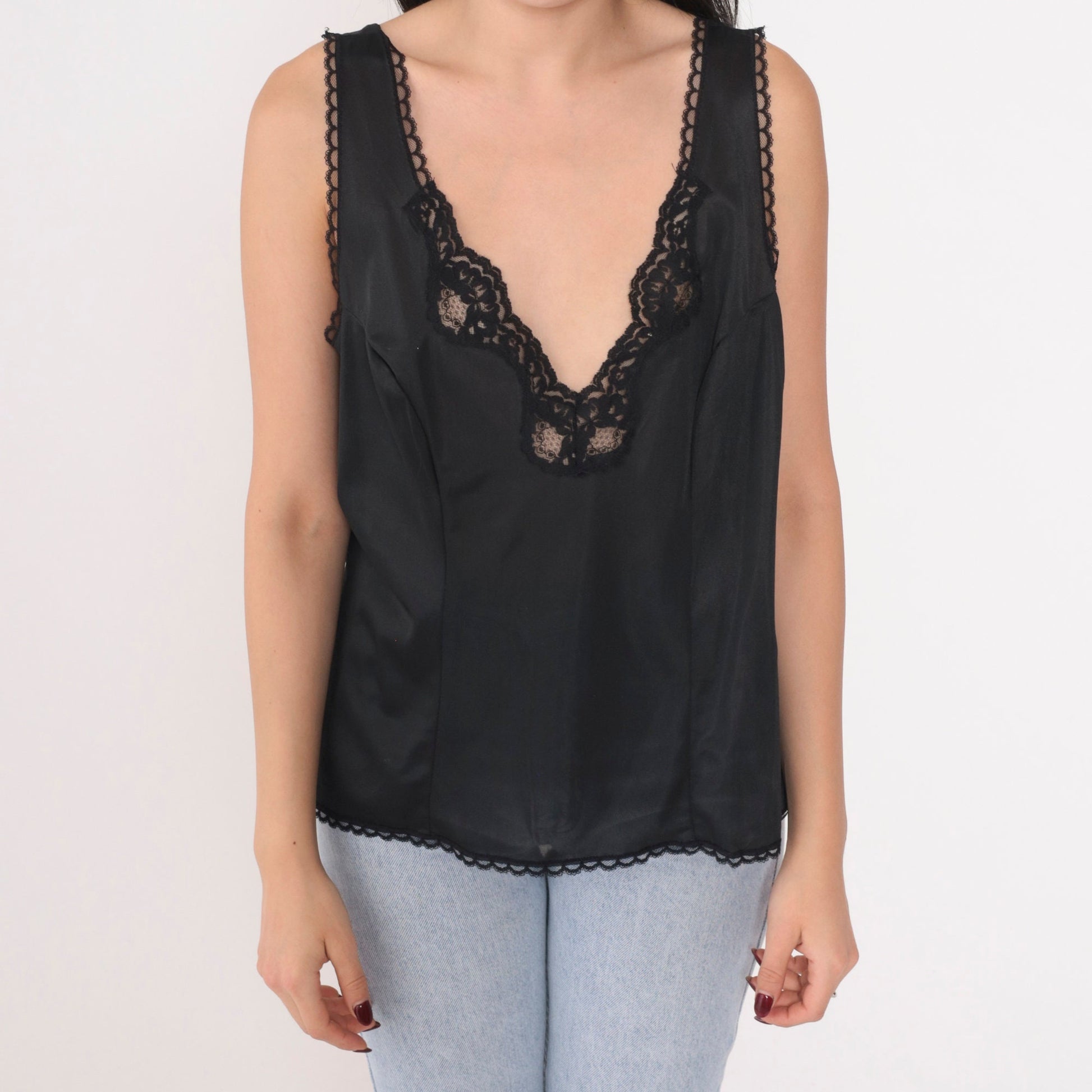 70s Black Lace Camisole V-Neck Tank Top Lingerie Extra Large