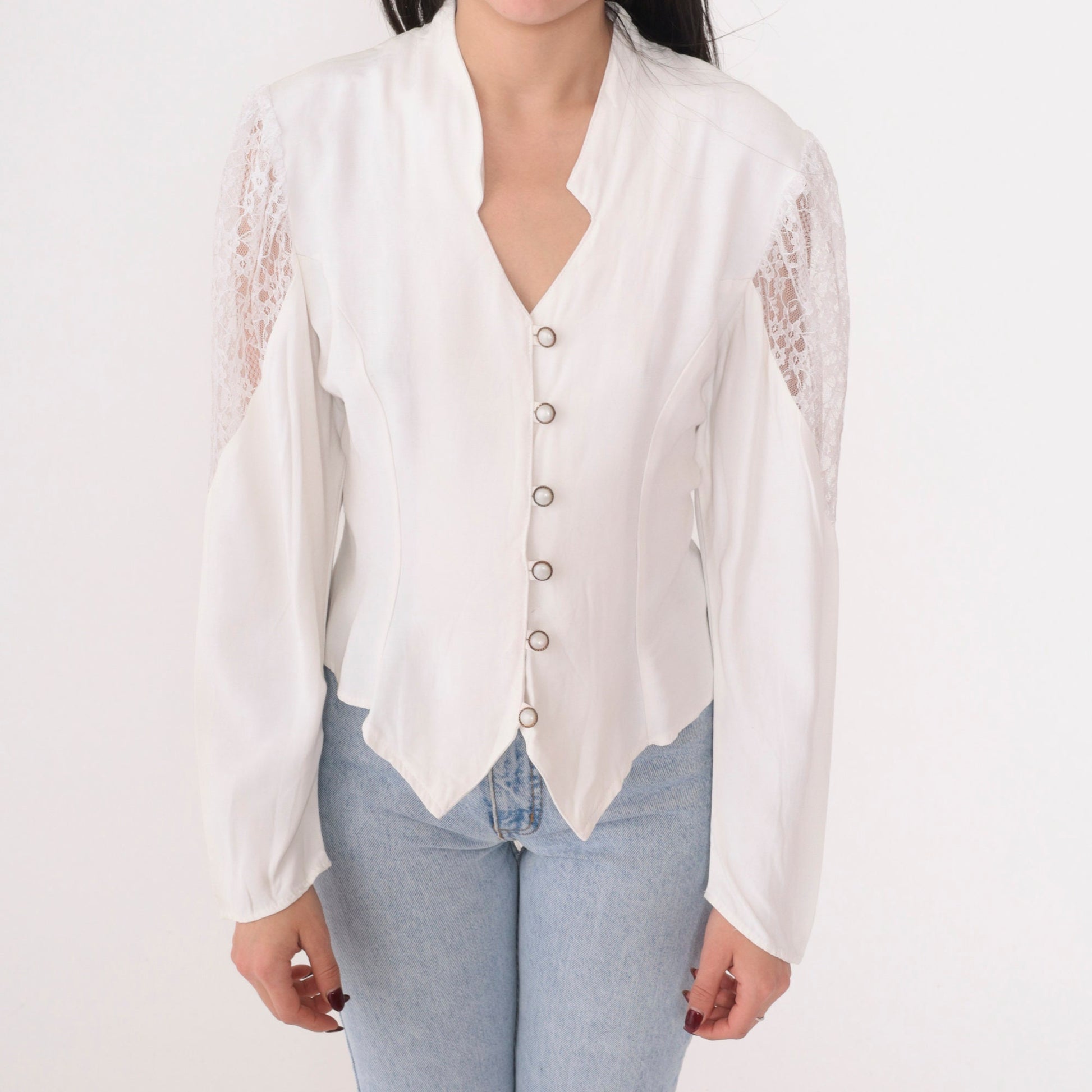 90s Vanity USA White Lace Blouse Puff Sleeve Button Up Small S