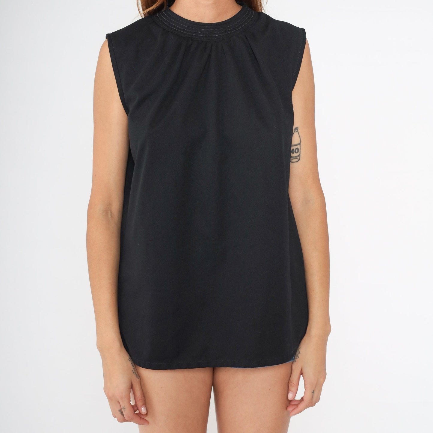 70s Black Draped Tank Top Sleeveless Blouse Topstitched Neckline Large L