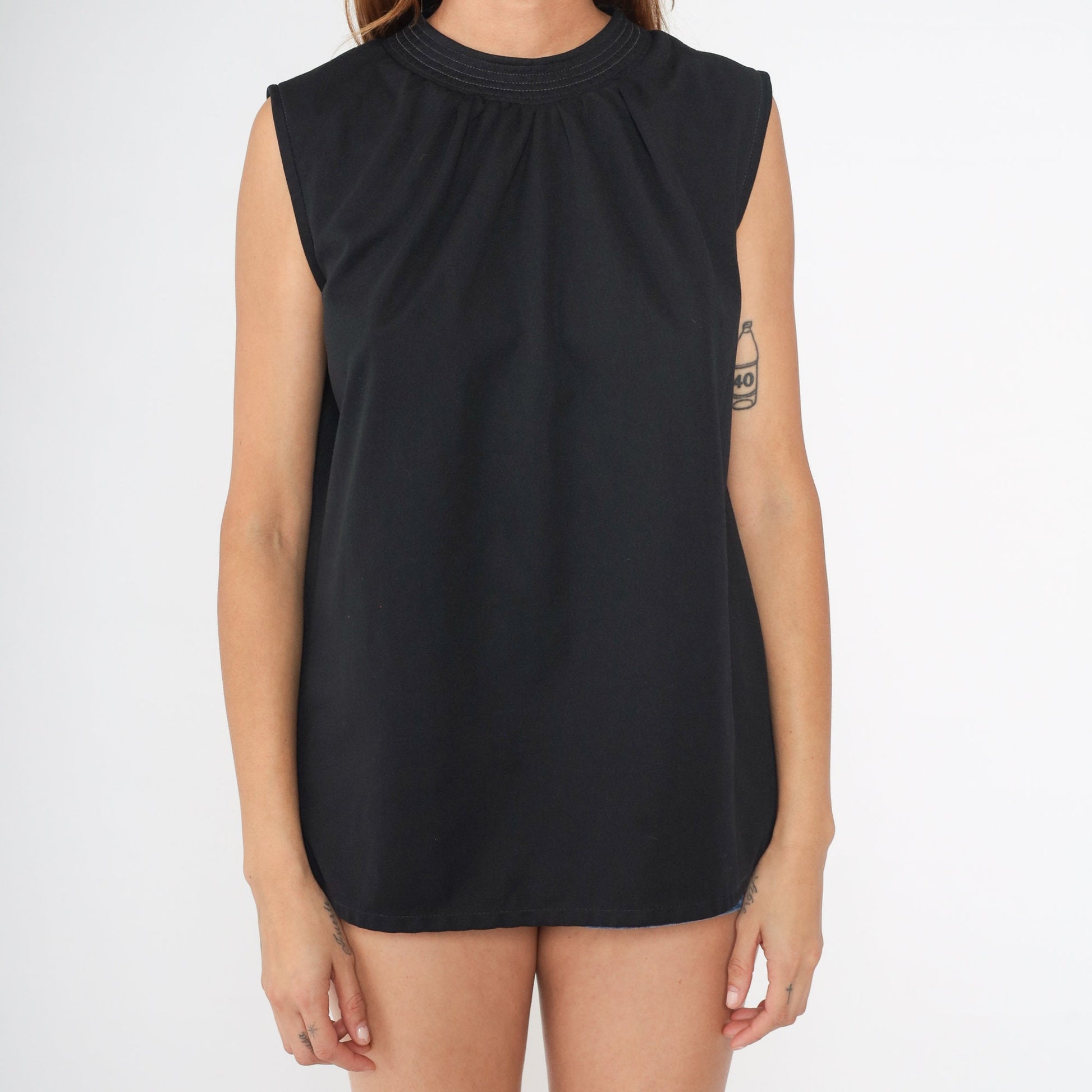 70s Black Draped Tank Top Sleeveless Blouse Topstitched Neckline Large L