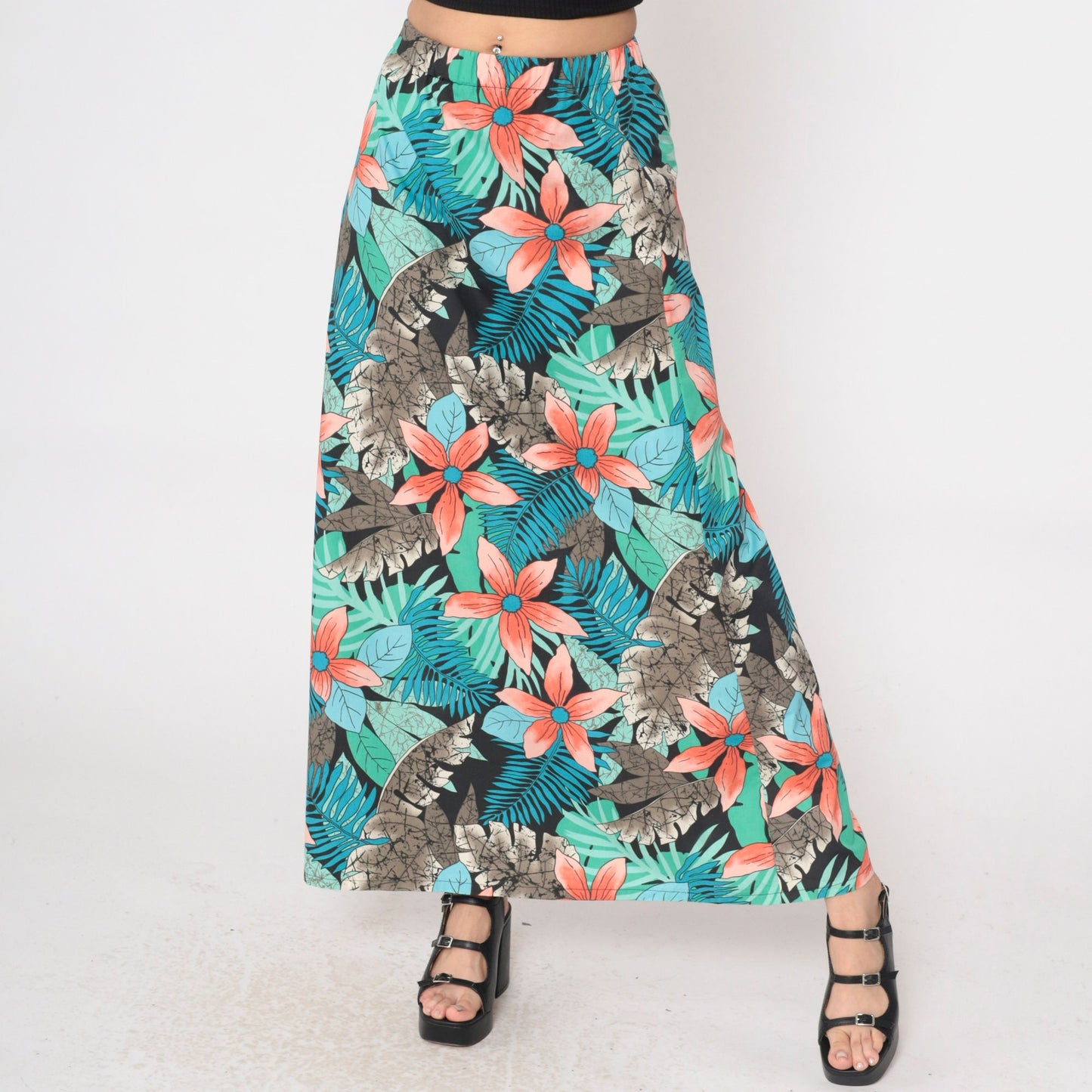 80s Tropical Floral Maxi Skirt High Waist Fern Print Blue Green Orange Small