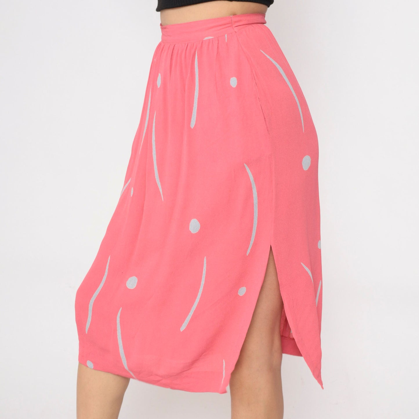 80s Uri Bloch Prive Pink Dot Line Print Midi Skirt High Waist Pockets Extra Small