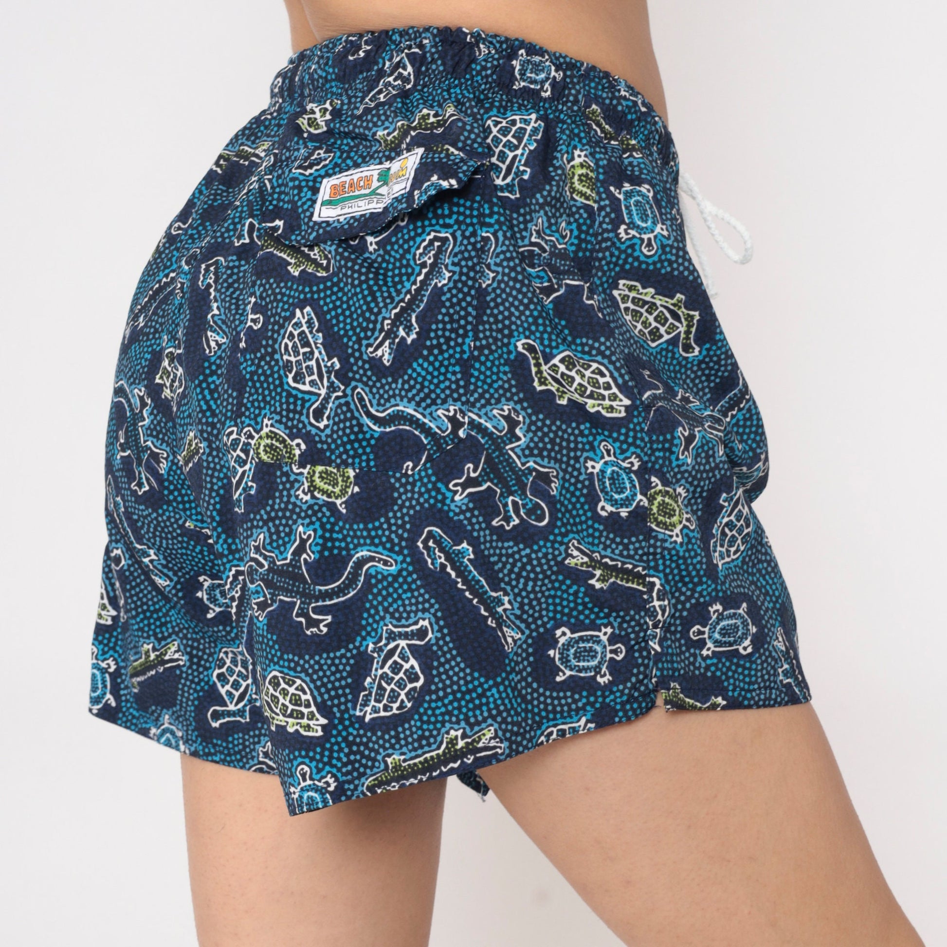 00s Turtle Alligator Print Swim Shorts Blue Elastic Waist Small