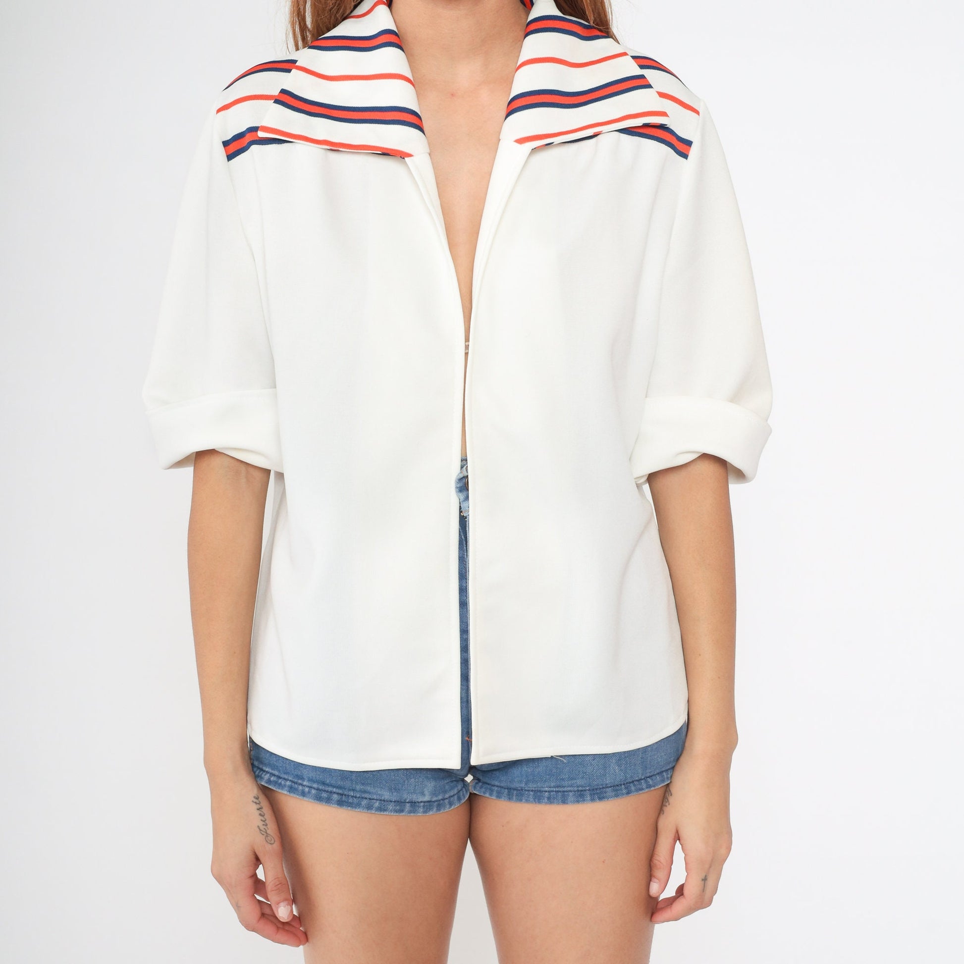 70s Open Front Jacket Off-White Navy Orange Striped Short Sleeve Medium