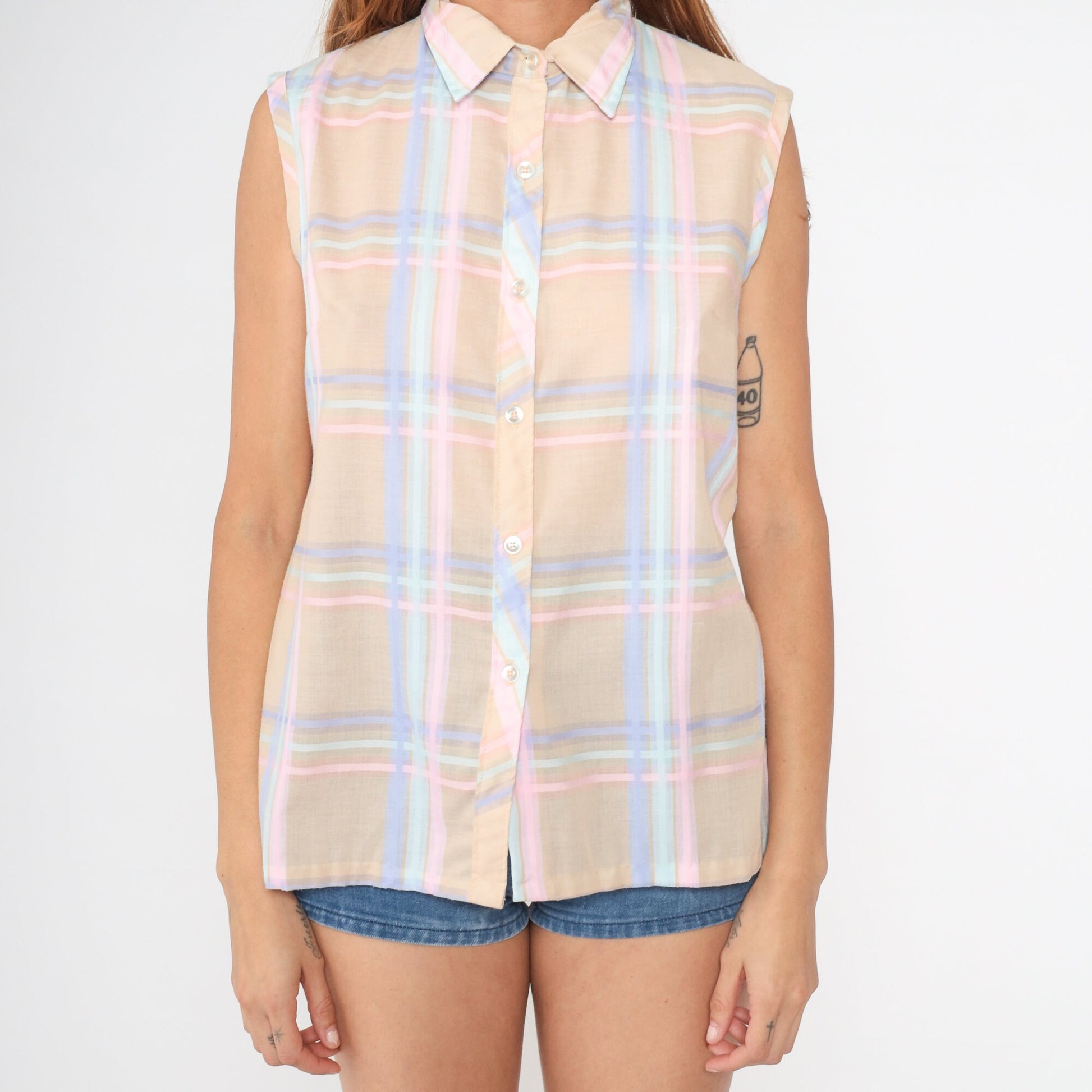 80s Plaid Button-Up Tank Top Tan Pink Lavender Checkered Blouse Medium