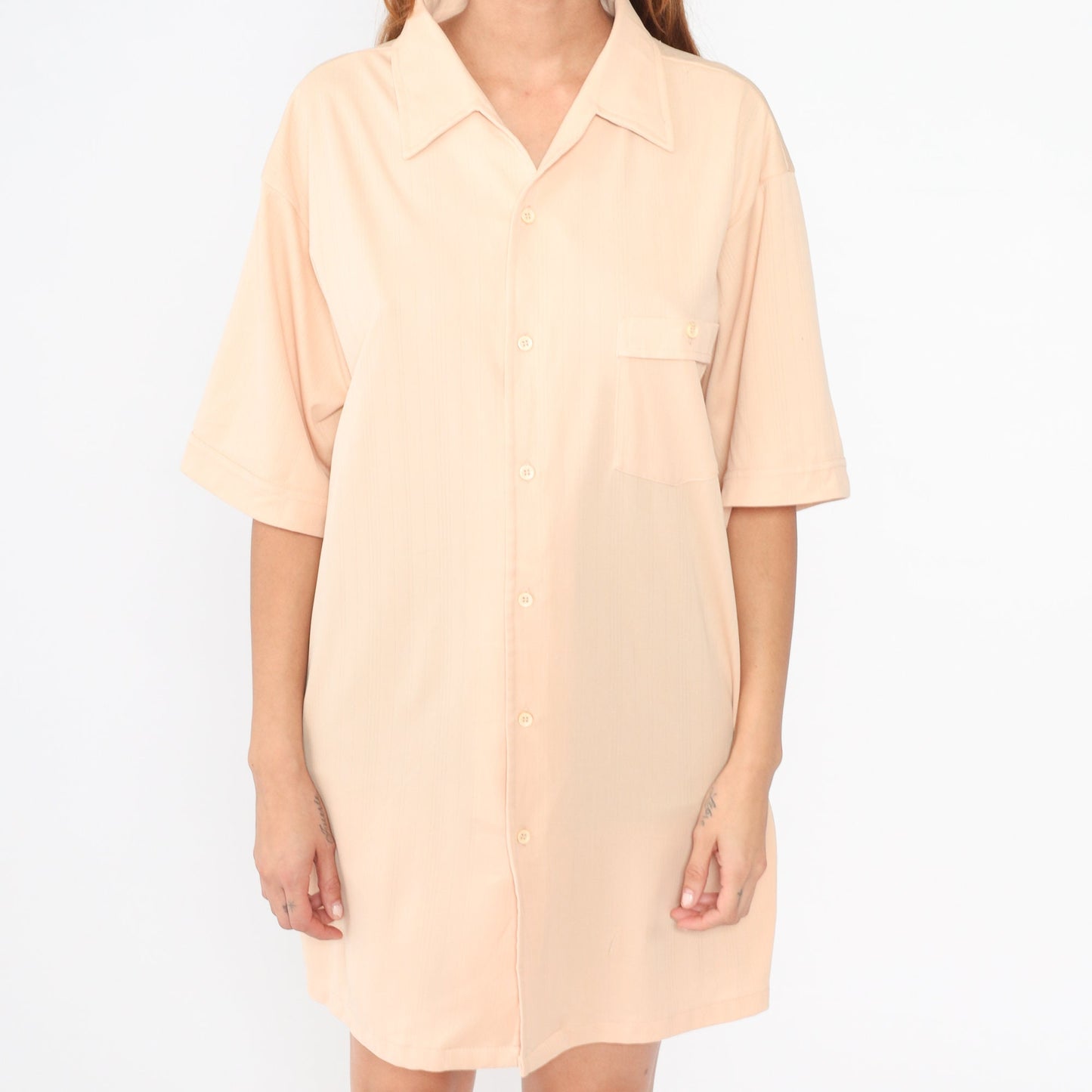 70s Peach Button-Up Shirt Men's Short Sleeve Collared Disco Shirt Extra Large Tall